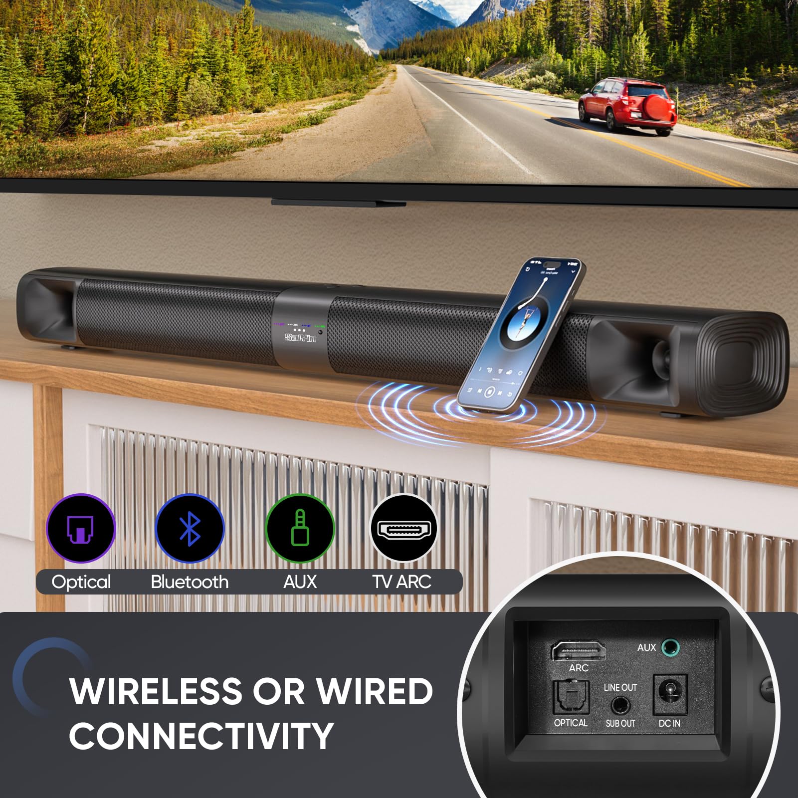 Saiyin 100W Sound Bar with Subwoofer for Smart TV - Detachable Home Theater System with Horn Tweeter, Adjustable Bass, HDMI-ARC, Bluetooth, Optical & AUX - Perfect for Movie Nights & Gaming