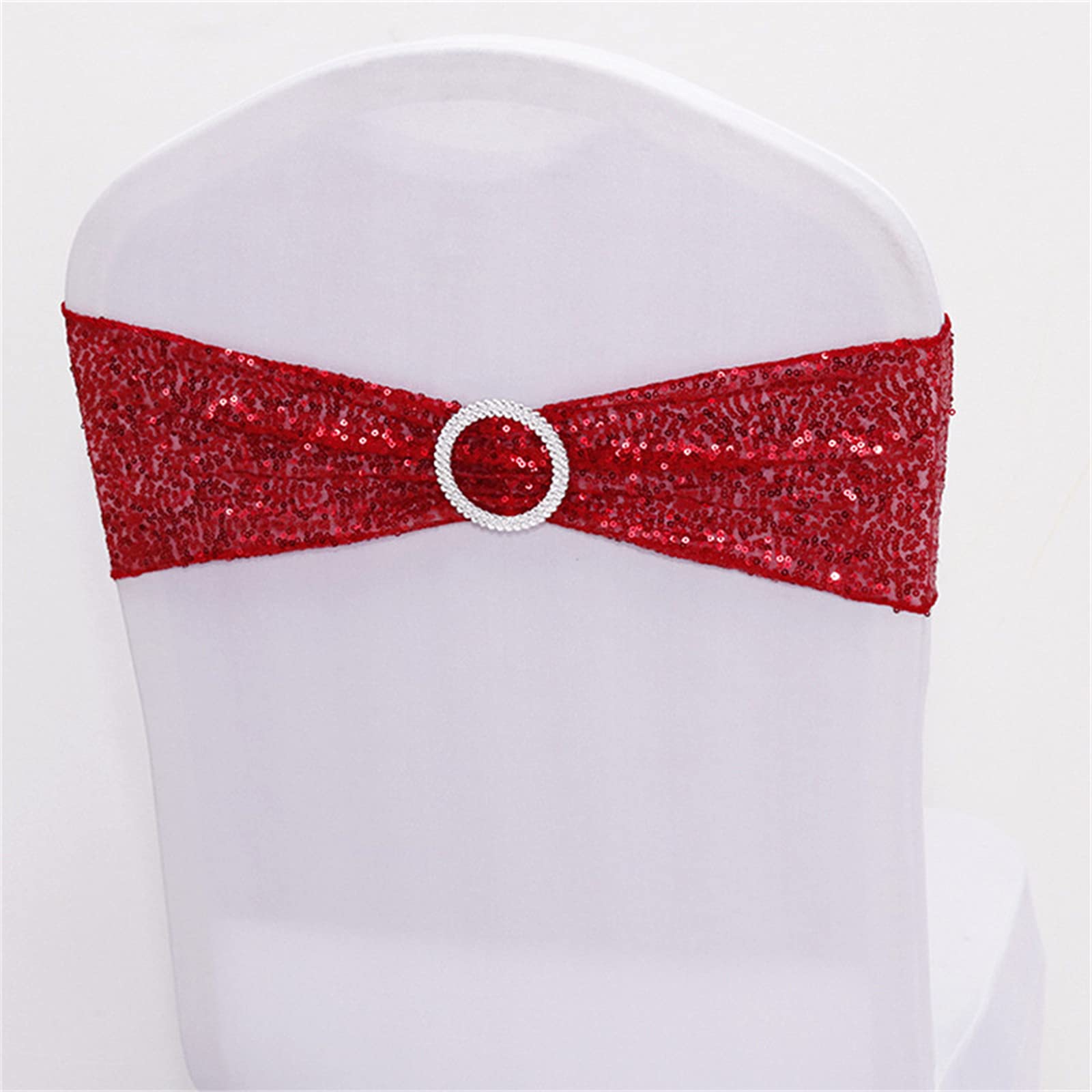 10-Pack Stretchy Sequin Chair Sashes - Elastic Spandex Bands for Wedding, Reception, Banquet & Event Chair Decorations (Red) - Perfect for Bridal Showers, Birthday Parties & Home Decor