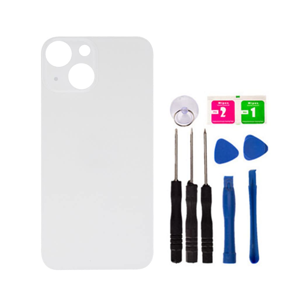 iPhone 13 Back Glass Replacement with Pre-Installed Tape & Repair Tools - White Large Hole Version (No Logo) | DIY Phone Repair Accessories for Cracked or Damaged iPhone Back Cover