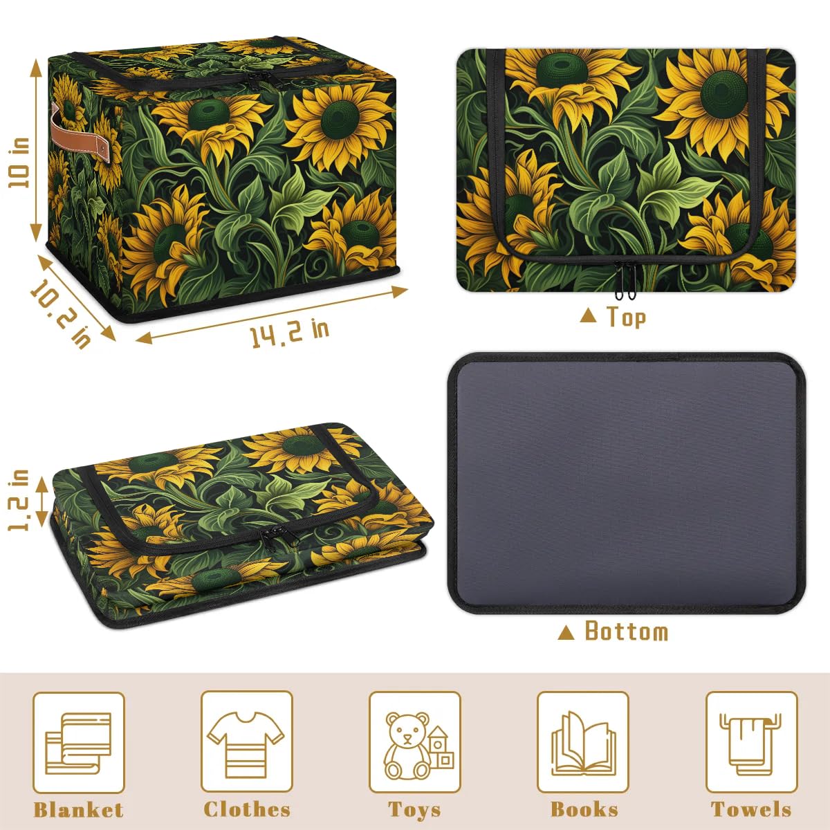 Collapsible Stackable Storage Bins with Lids - Cartoon Sunflower Design Fabric Closet Organizer for Clothes, Toys, Blankets | Space-Saving Home & Office Storage Solution for Bedroom, Kids Room & Dorm Organization