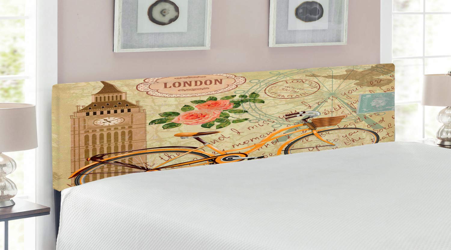 Ambesonne London Vintage Headboard - Big Ben & Bicycle Rose Metal Bed Headboard with Memory Foam | King Size Upholstered in Sand Brown & Pale Orange | Perfect for Bedroom Decor & Victorian Style Homes