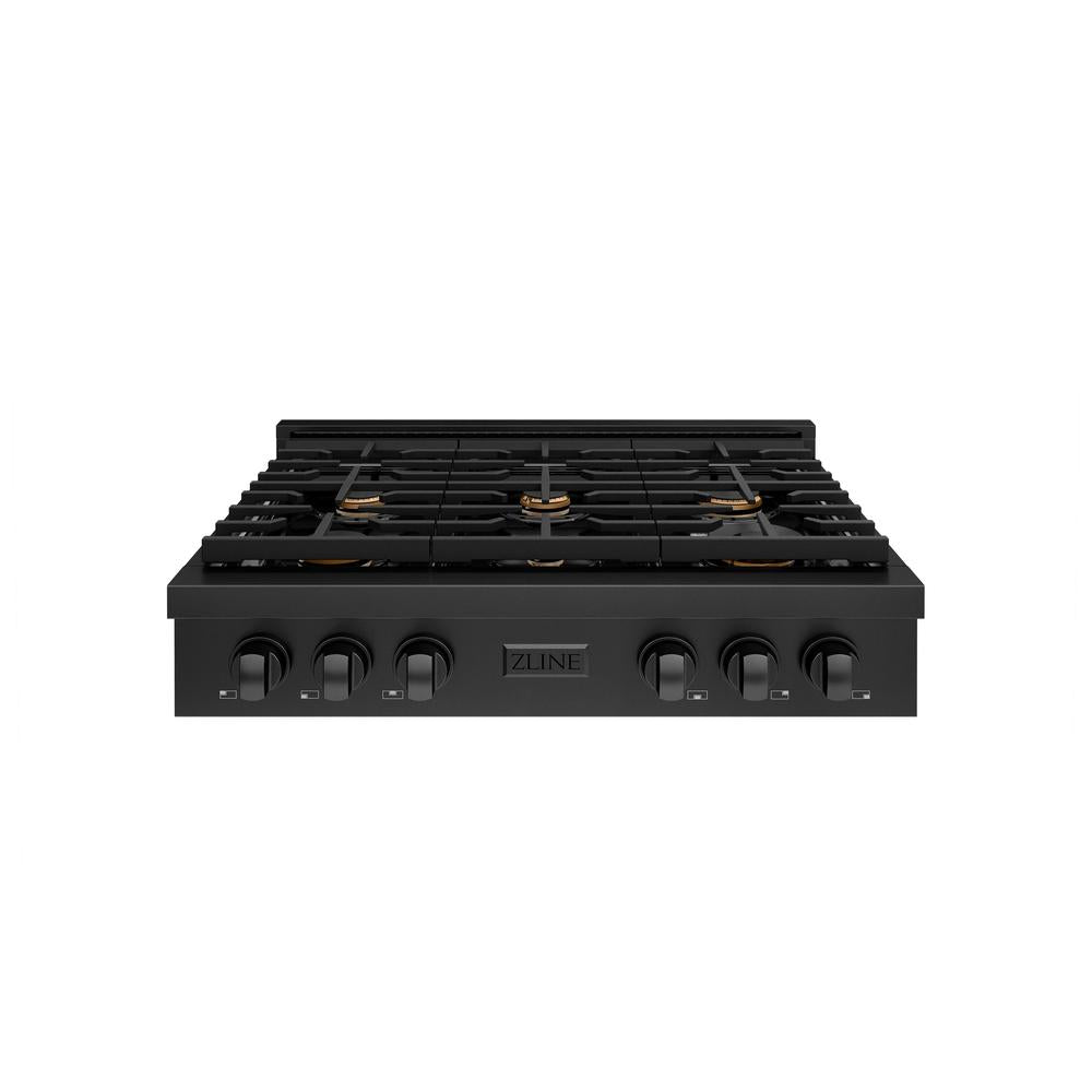 ZLINE 36 Inch Black Stainless Steel 6-Burner Gas Rangetop with Brass Burners & Porcelain Cooktop - Professional Kitchen Stove for Home Chefs & Cooking Enthusiasts