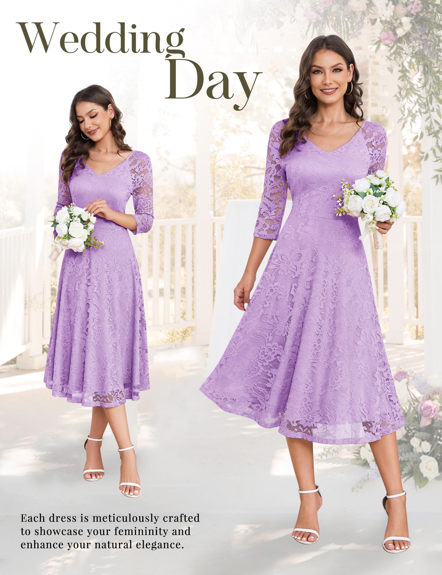 Elegant Long-Sleeve Lace Wedding Guest Dress for Women - A-Line Formal Cocktail Party Midi Dress & Prom Gown | Perfect for Weddings, Galas, Evening Events and Special Occasions