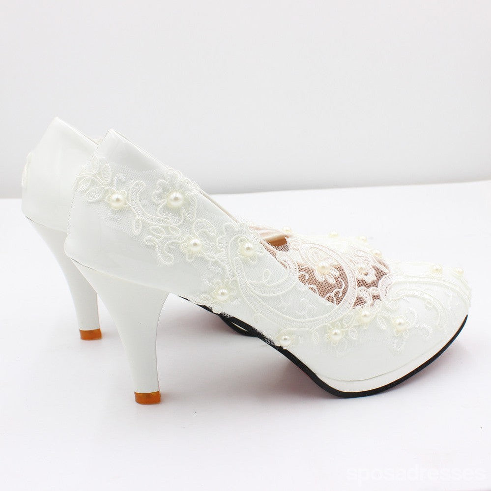 Elegant White Lace High Heel Wedding Shoes for Bride - Comfortable Low Heel Bridesmaid Shoes - Perfect for Church Ceremonies, Beach Weddings & Formal Events