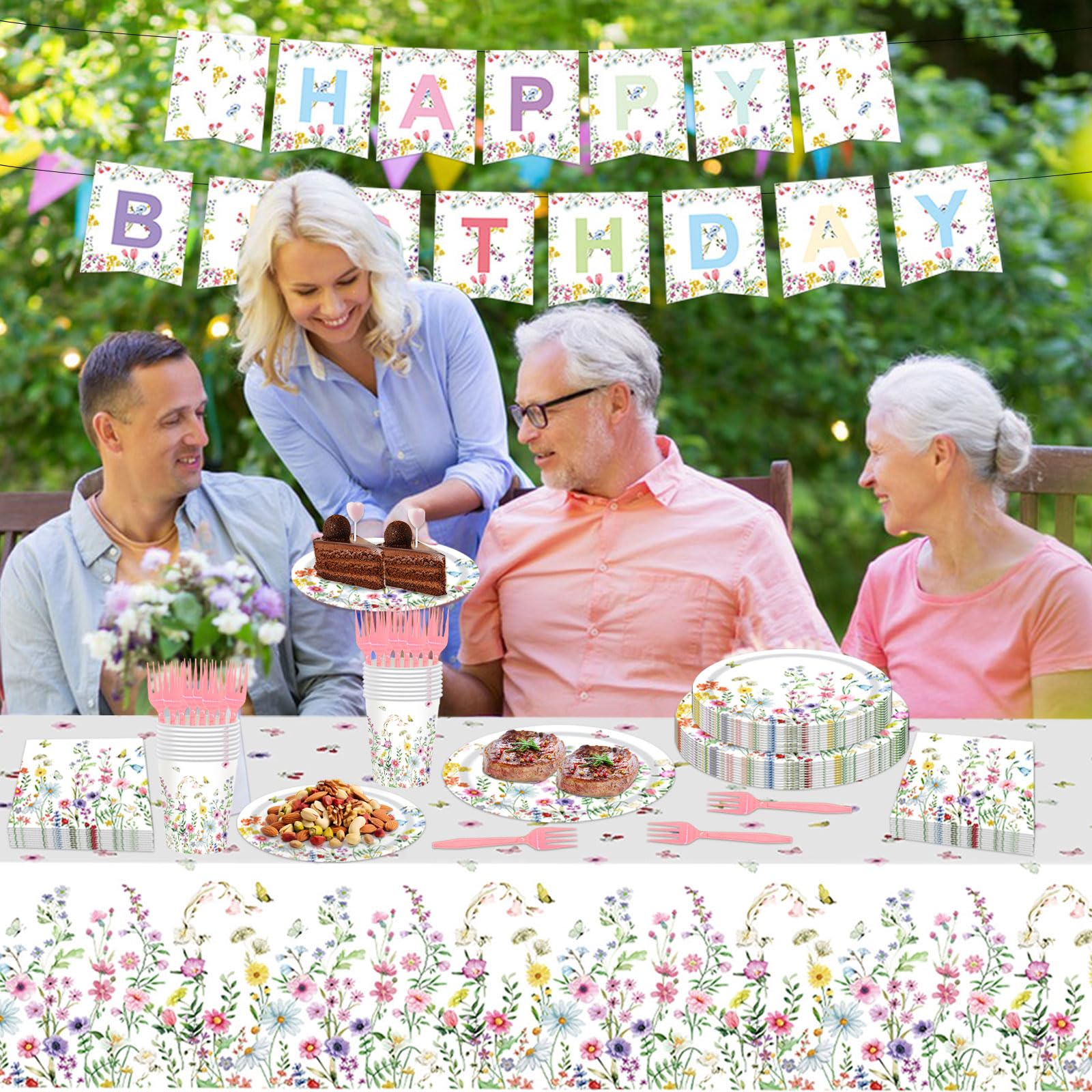 82-Piece Spring Floral Party Supplies Set - Wildflower Paper Plates, Napkins & Disposable Tableware for 16 Guests - Perfect for Baby Showers, Birthday Parties & Spring Celebrations - Elegant Floral Dinnerware for Outdoor Picnics & Garden Events