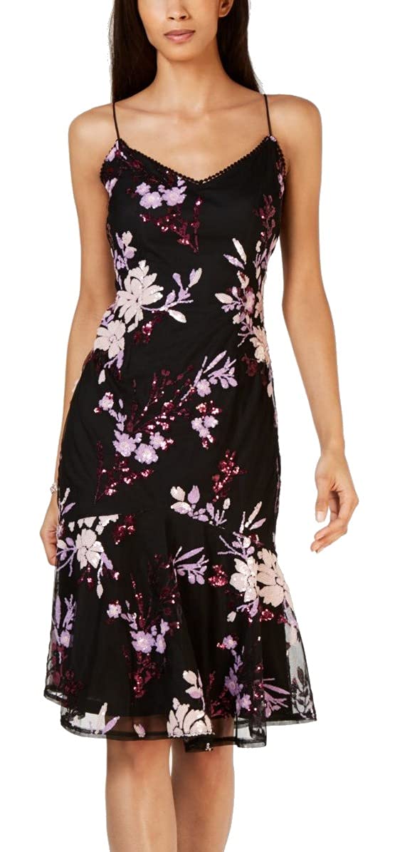Adrianna Papell Women's Floral Sequin Midi Dress with Trumpet Hem - Elegant Party & Evening Gown for Weddings, Cocktail Dresses & Special Occasions