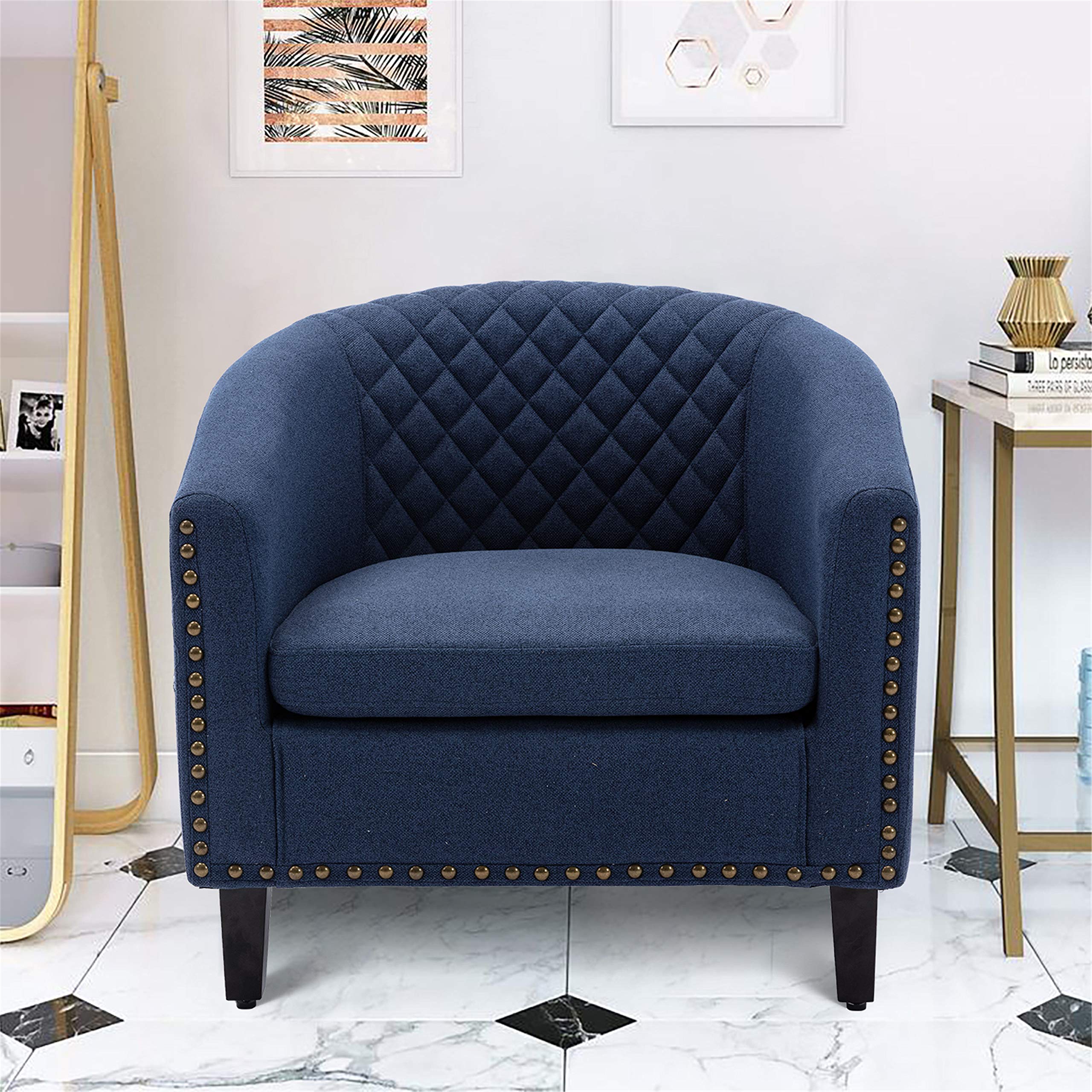 Modern Accent Barrel Chair with Nailhead Trim & Solid Wood Legs - Black Navy Linen Upholstered Living Room Armchair for Home Office, Lounge, or Reading Nook