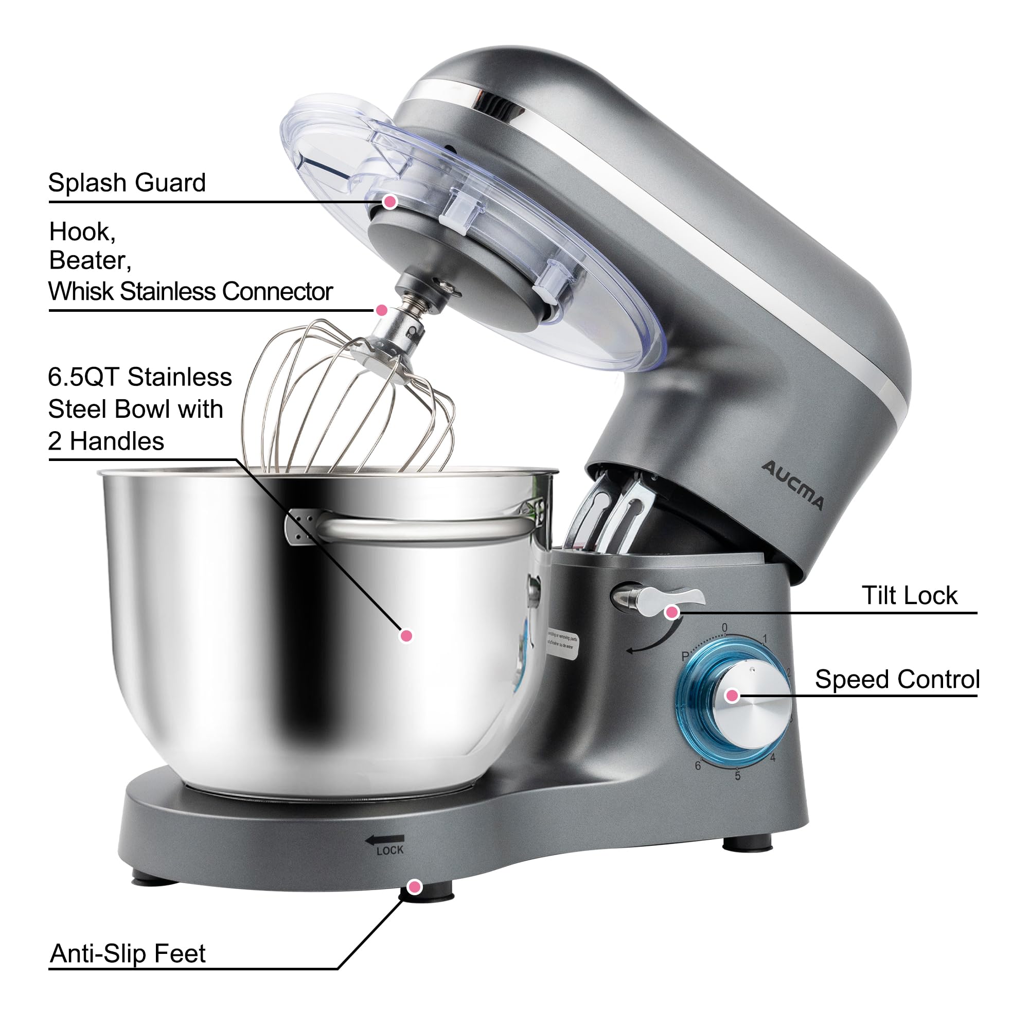Aucma 6.5-QT 660W Stand Mixer - 6-Speed Tilt-Head Electric Kitchen Mixer with Dough Hook, Wire Whip & Beater (Gray) - Perfect for Baking Cakes, Cookies, Bread & More