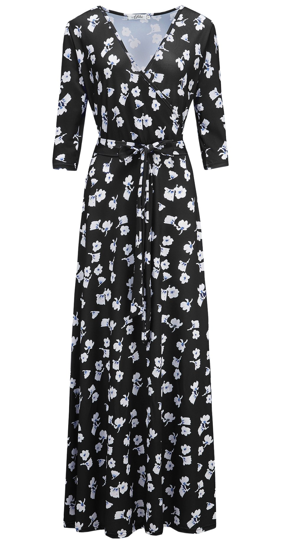 Afibi Women's Bohemian 3/4 Sleeve Faux Wrap Maxi Dress with Belt - Flowy Summer Beach Dress for Vacation, Date Night & Casual Outings
