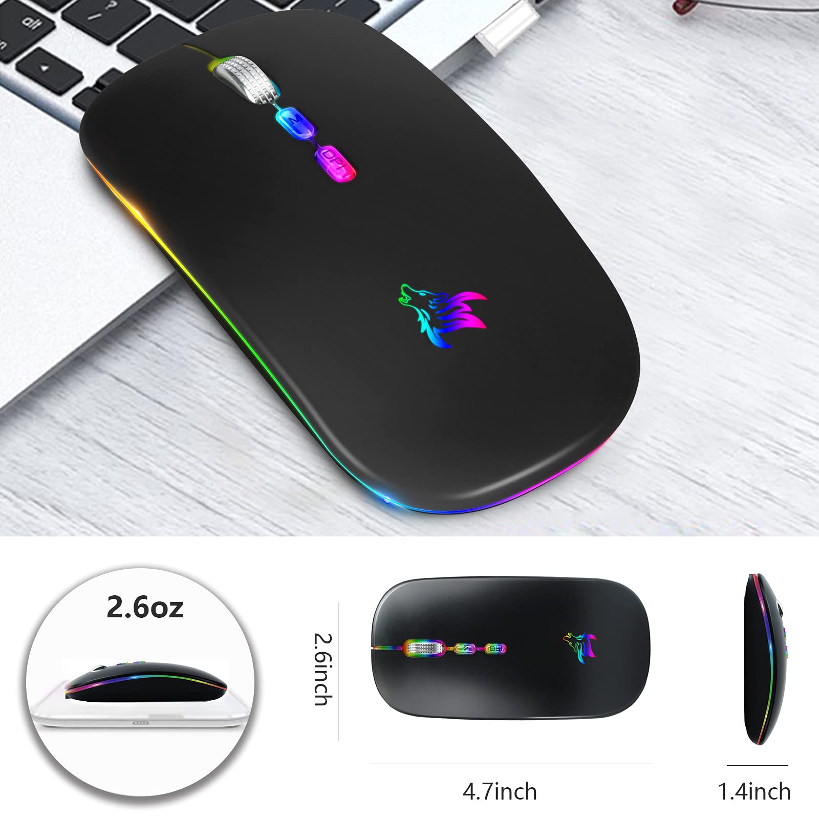 Hotlife Slim Rechargeable Wireless Mouse - Silent LED Optical 2.4G/Bluetooth Dual Mode Computer Mouse with USB Receiver & Type C Adapter (Black) for Office, Gaming & Travel Use