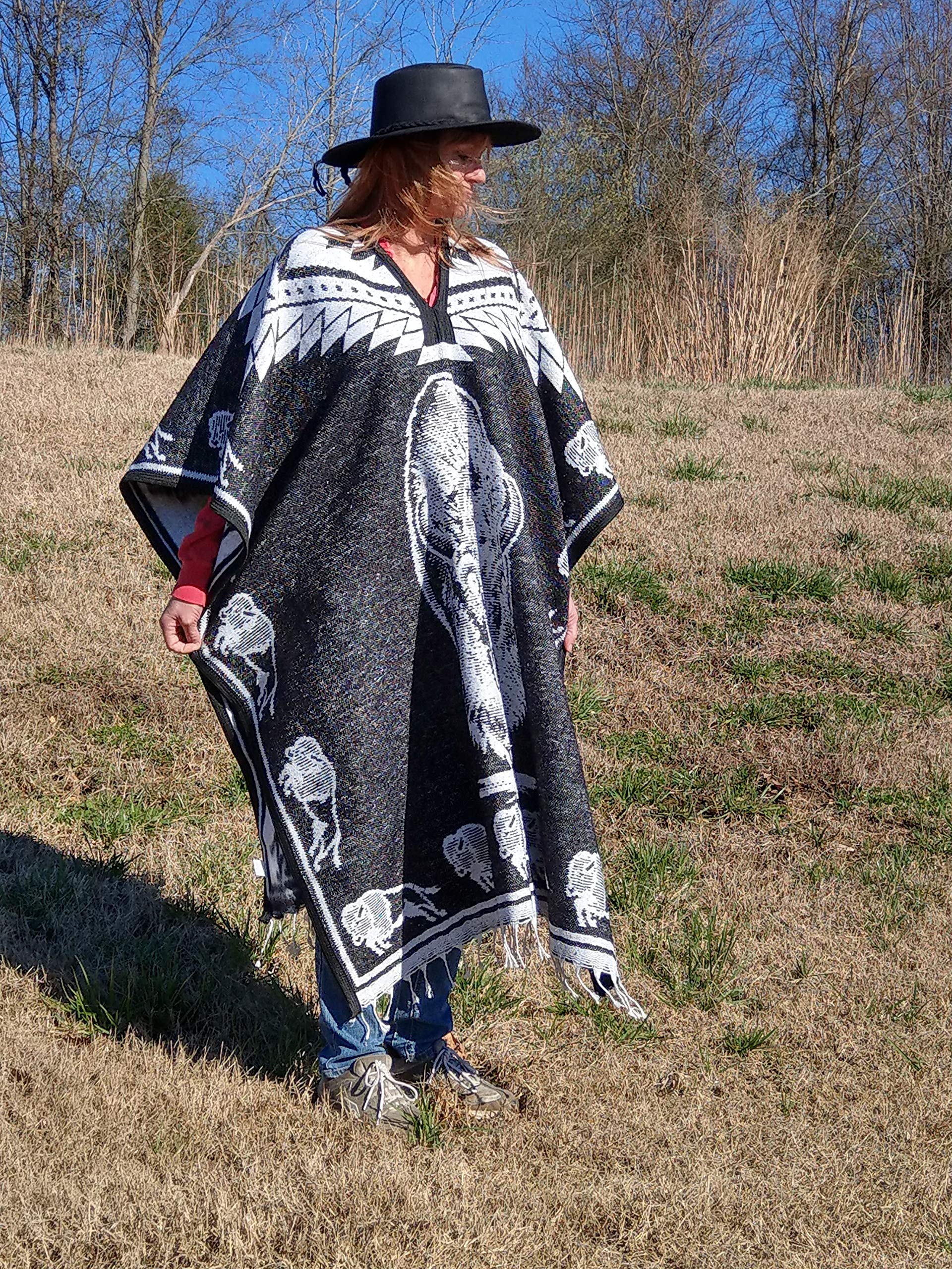 Sharpshooter Brand Sun Dance Tatanka Ska Buffalo Robe Hand Woven Poncho - Native American Style Wool Blanket for Outdoor Camping, Festivals & Cozy Home Decor