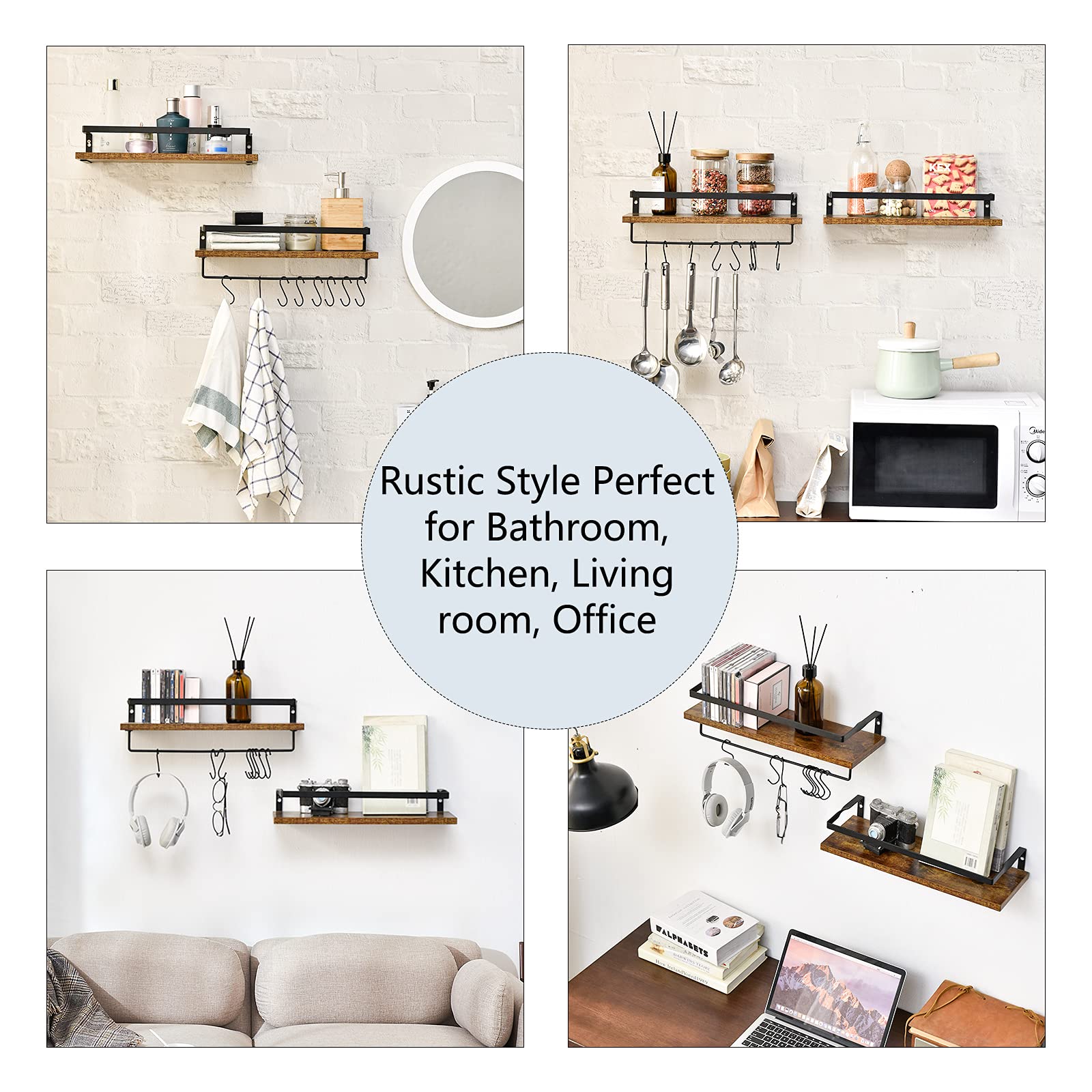 IBUYKE Floating Shelves for Wall - 42x15x8 cm Wooden Shelf with 8 Hooks - Space Saving Storage Organizer for Kitchen, Bathroom, Bedroom, Living Room & Office - Perfect for Spice Rack, Towel Holder, Books and Decorative Display