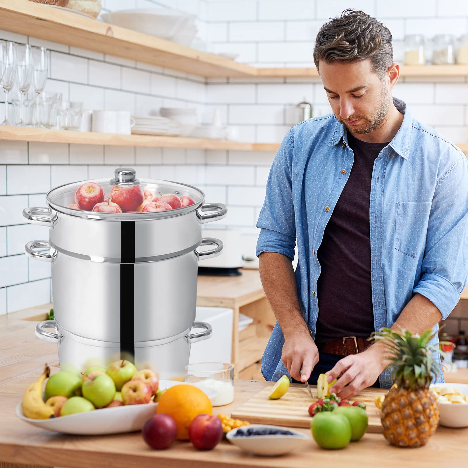 FANTASK 11-Quart Stainless Steel Steam Juicer & Pasta Pot with Tempered Glass Lid - Includes Hose, Clamp & Safe Loop Handle - Easy to Use for Extracting Juice from Fruits & Vegetables - Perfect for Home Canning, Jam Making & Healthy Cooking