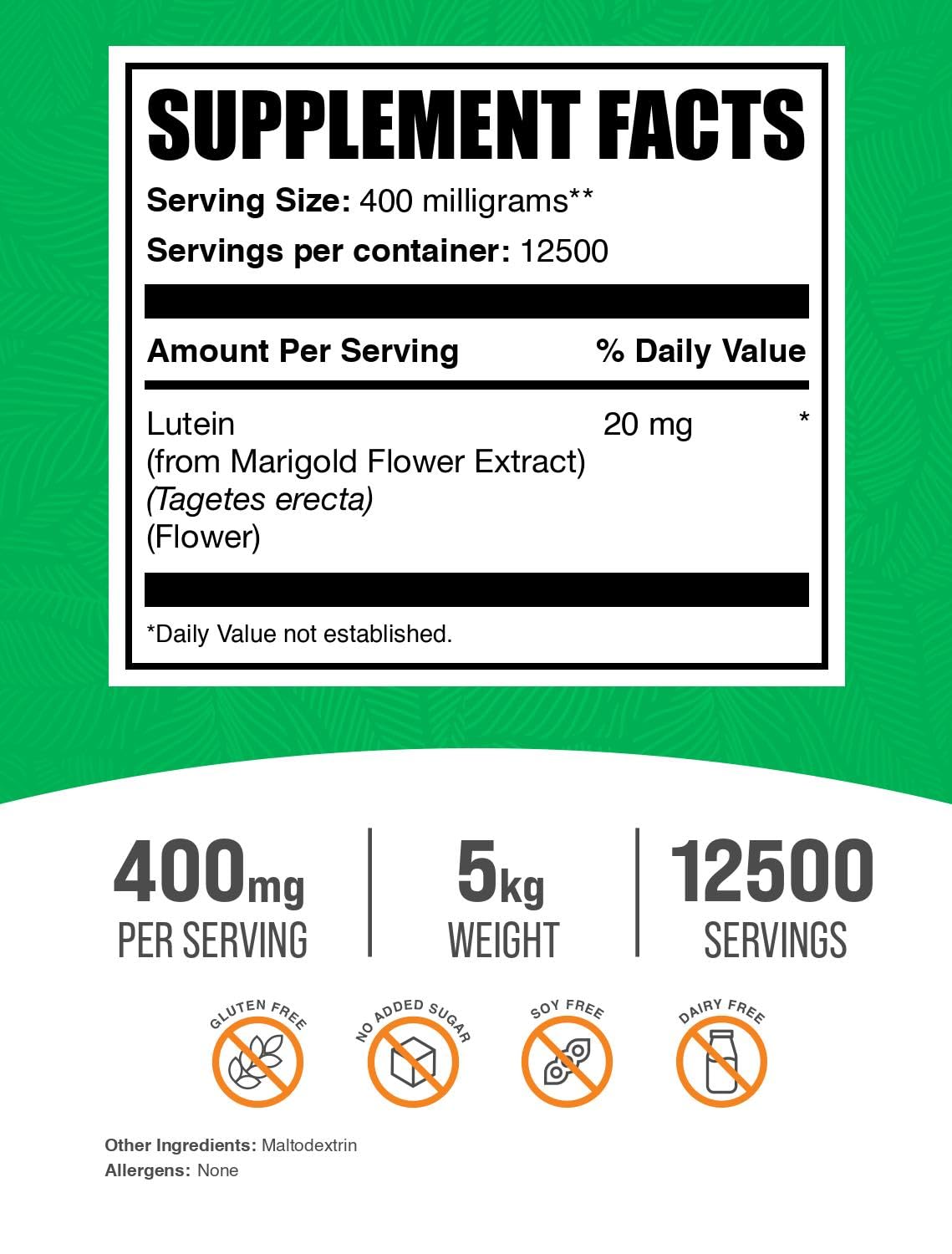 BulkSupplements Pure Lutein Powder 20mg - Marigold Flower Extract, Antioxidant Supplement for Eye Health - Gluten Free, 400mg per Serving, 5kg (11 lbs) Pack of 5 - Supports Vision & Skin Care, Perfect for Smoothies & Daily Wellness