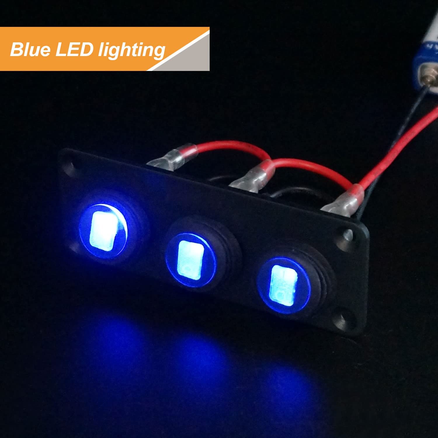 Mankk 3 Gang Rocker Switch Panel with 12V 20A LED Light - Waterproof Toggle Switch 3 Pin On/Off Blue LED Lighted Pre-Wired Round SPST Switch for Automotive, RV, Boat, Trailer, Marine & Off-Road Vehicles - Perfect for Dashboards, Control Panels & Electrical Systems