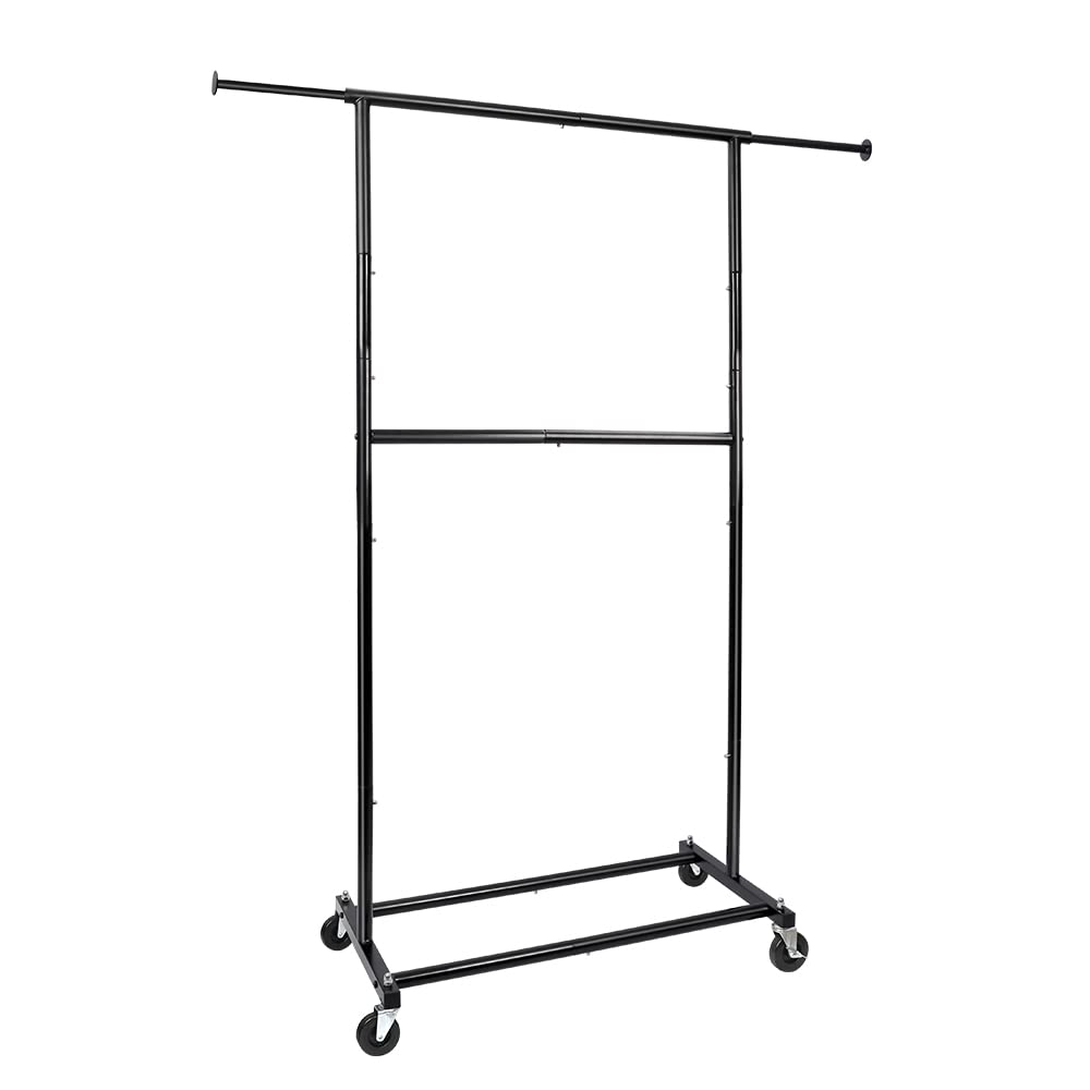Fishat Simple Standard Double Rod Rolling Clothing Garment Rack - Heavy Duty Metal Wardrobe Organizer with Lockable Wheels for Hanging Clothes, Coats & Accessories - Perfect for Bedroom Closet, Laundry Room or Retail Store Display (Black)