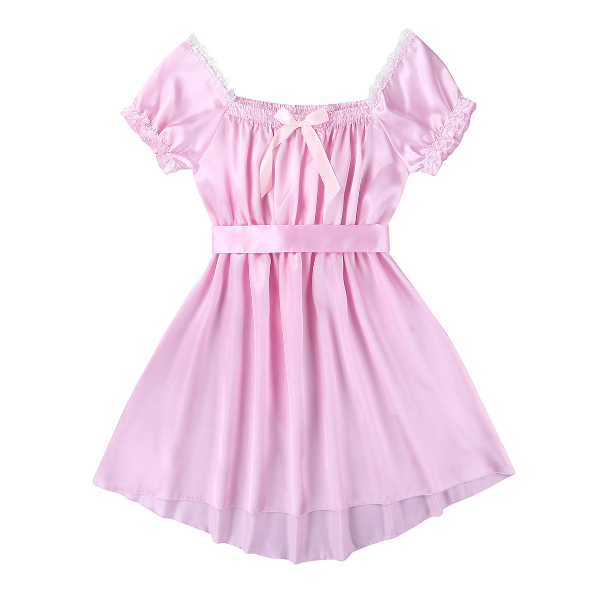 JEATHA Men's Satin Maid Nightdress - Frilly Lace Trim High-Low Hem Crossdressing Lingerie Sleepwear for Cosplay, Role Play & Nightwear