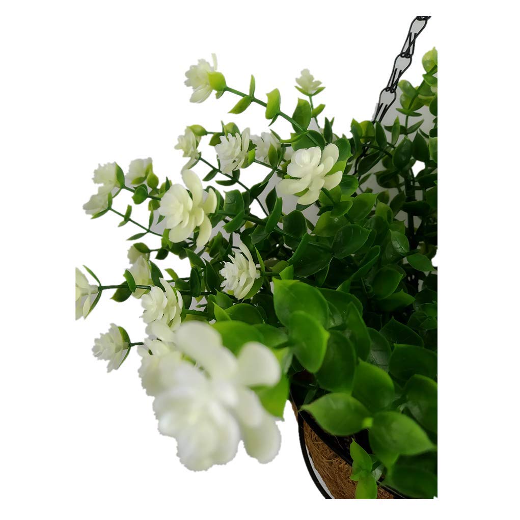 Realistic Artificial Lysimachia Christinae Faux Flowers in Metal Hanging Basket - 9.85 Inch White Blooms for Home Decor, Wedding Centerpieces & Outdoor Patio Decorations