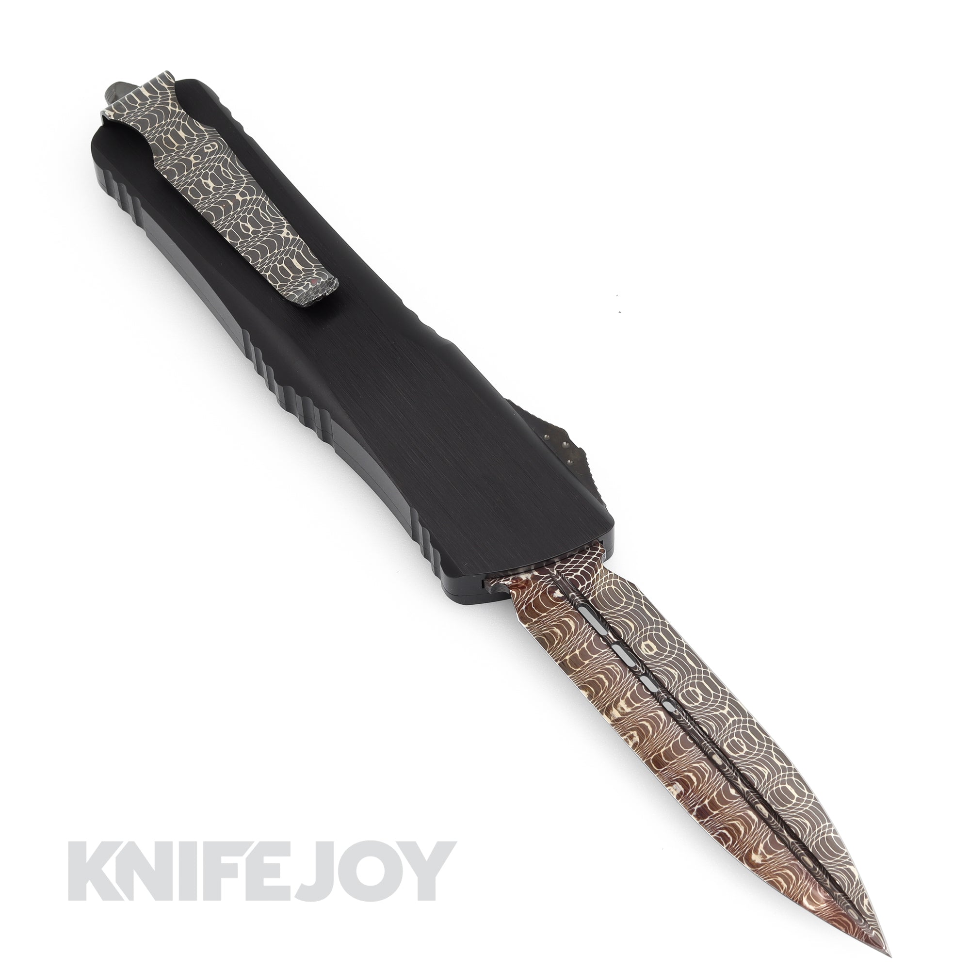 Marfione Custom Combat Troodon Double Edge Knife - Hot Blued Sharktooth Damascus Steel Blade with Black Alloy Pocket Clip | Tactical EDC, Outdoor Survival, Hunting & Collection | Vegas Forge Limited Edition
