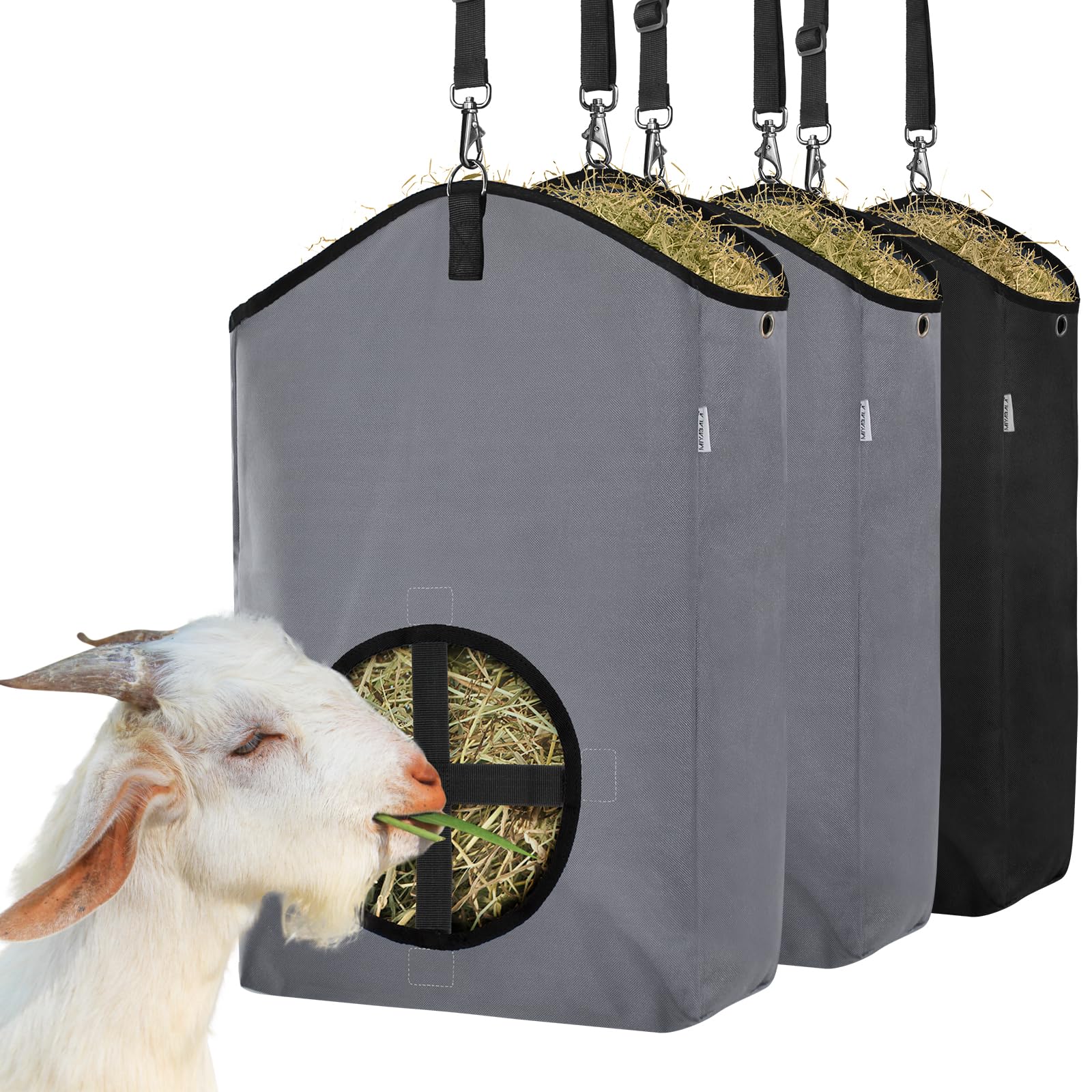 3 Packs Goat Hay Feeder - Premium 600D Oxford Cloth Hay Bags for Goats, Horses & Sheep with Metal Fastener & Adjustable Feed Hole - Slow Feeding Solution (1 Black + 2 Grey) - Perfect for Barns, Stables & Pastures