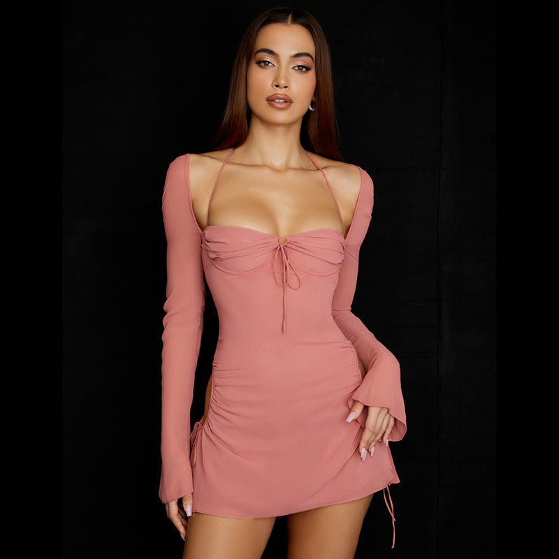Long Sleeve High Waist Square Neck Short Skirt Pink Sexy Dress 829 | Elegant Party Outfit for Date Night, Club Wear & Special Occasions