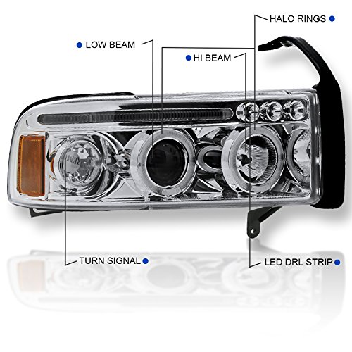 Spec-D Tuning 2LHP-RAM94-TM LED Halo Projector Headlights for Dodge Ram 1500/2500/3500 - Chrome Clear Lens - Upgrade Your Truck's Style & Night Visibility (Perfect for Off-Roading & Night Driving)