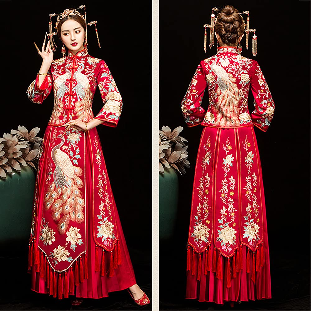 Vintage Peacock Cheongsam Wedding Dress - Traditional Chinese Bridal Gown with Fringed Cuffs & Stand Collar Design | Perfect for Wedding Ceremonies, Cultural Events & Asian-Themed Parties