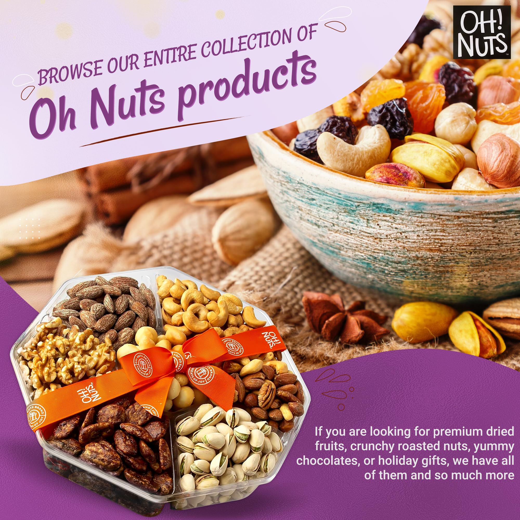 Premium 2.2 LB Mixed Nuts Gift Basket - 7 Variety Freshly Roasted Nut Collection for Holidays, Birthdays & Corporate Gifts - Luxury Snack Tray for Parties, Anniversaries & Office Events - Perfect Gourmet Gift for Men & Women (Oh Nuts) - Great for Holiday Entertaining, Office Snacking & Thoughtful Gift Giving
