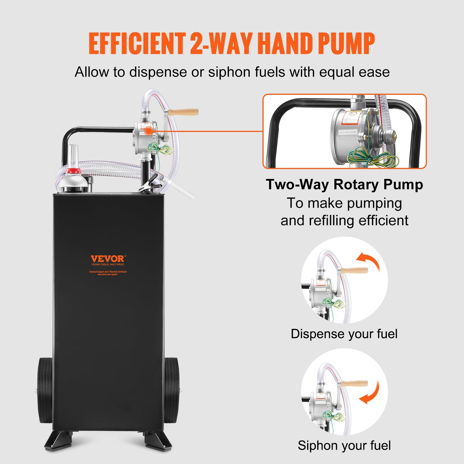 VEVOR 30 Gallon Portable Gas Caddy with Manual Pump - Heavy Duty Fuel Storage Tank for Gasoline & Diesel - 2-Wheel Design for Cars, ATVs, Lawn Mowers, Boats - Ideal for Garage, Farm & Outdoor Use