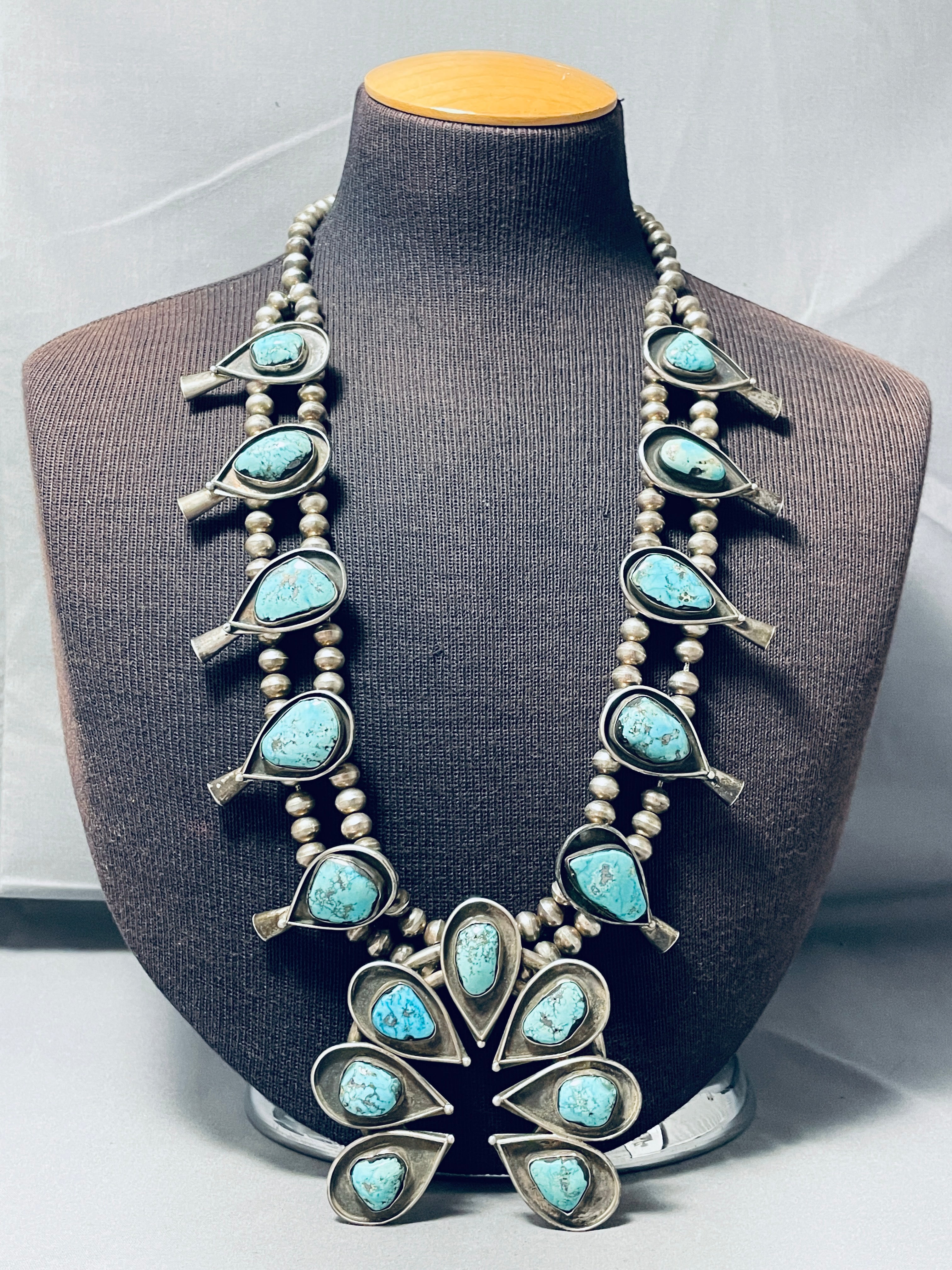 Authentic Vintage Navajo Turquoise Sterling Silver Squash Blossom Necklace - 229g Handcrafted Native American Jewelry for Women, Perfect for Boho Fashion, Weddings & Special Occasions