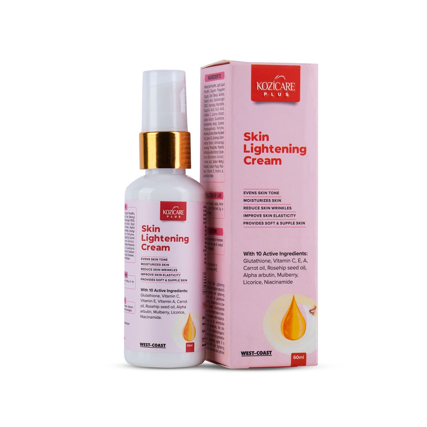 Kozicare Plus Skin Brightening Cream with Kojic Acid 2.5% & Glutathione 1% - Dark Spot Corrector for Face, Hyperpigmentation Treatment with Vitamin C, Niacinamide & Natural Oils - 60ml for Even Skin Tone & Youthful Glow | Day & Night Use for All Skin Types