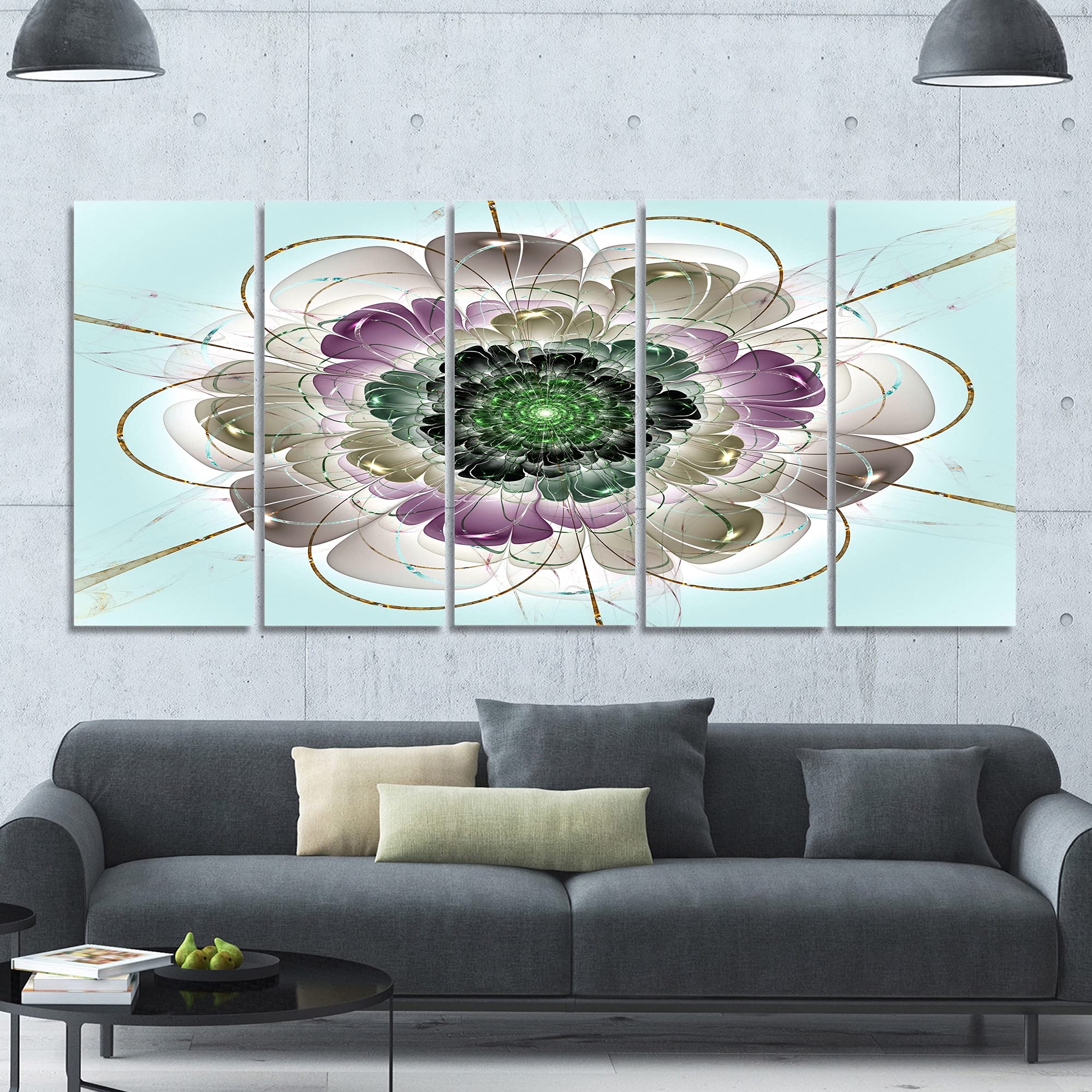 Abstract Wall Art Canvas - DESIGN ART Dark Blue Fractal Flower Pattern Painting - 48x28 Inch 4-Panel Modern Home Decor for Living Room, Bedroom & Office