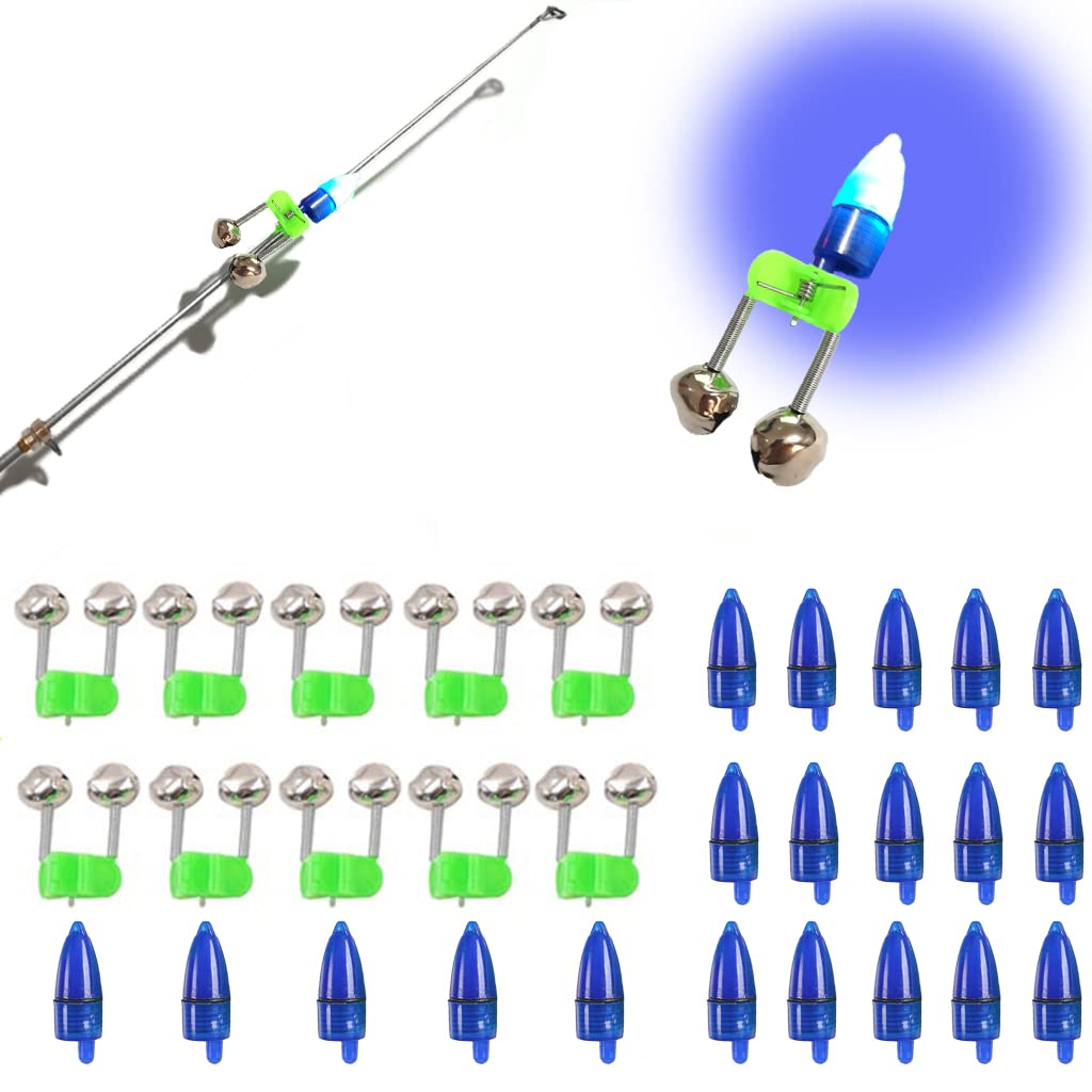 20 Pcs LED Fishing Bells with Lights - 10 Pcs Rod Bait Alarm & Clip Tips for Night Fishing | Waterproof, Durable Accessories for Freshwater & Saltwater Anglers (Ideal for Catfish, Bass, Trout)