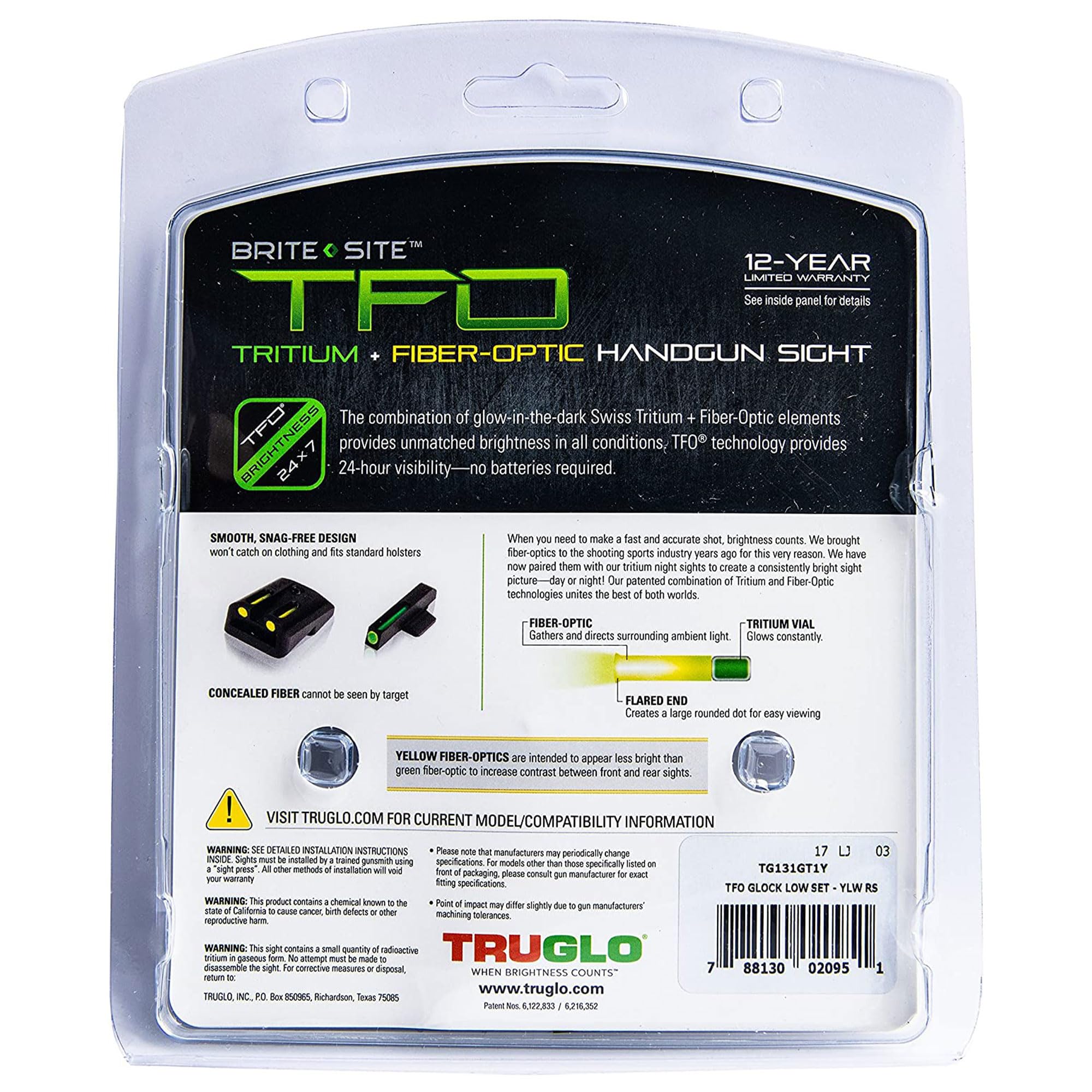 TruGlo TFO Tritium Fiber Optic Handgun Laser Sight Kit with Rear Colors - Compatible with Glock 17/17L, 19, 22, 23, 24 Models (2 Pack) - Perfect for Tactical Shooting, Home Defense & Range Practice