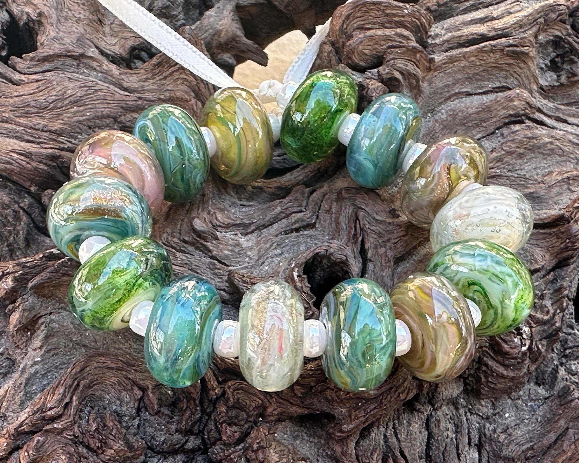 14 Sage Mirage Swirls Lampwork Glass Beads Set - Handmade Jewelry Making Supplies for Necklaces, Bracelets & DIY Crafts (SRA Certified) - Perfect for Boho Style Accessories and Gift Giving