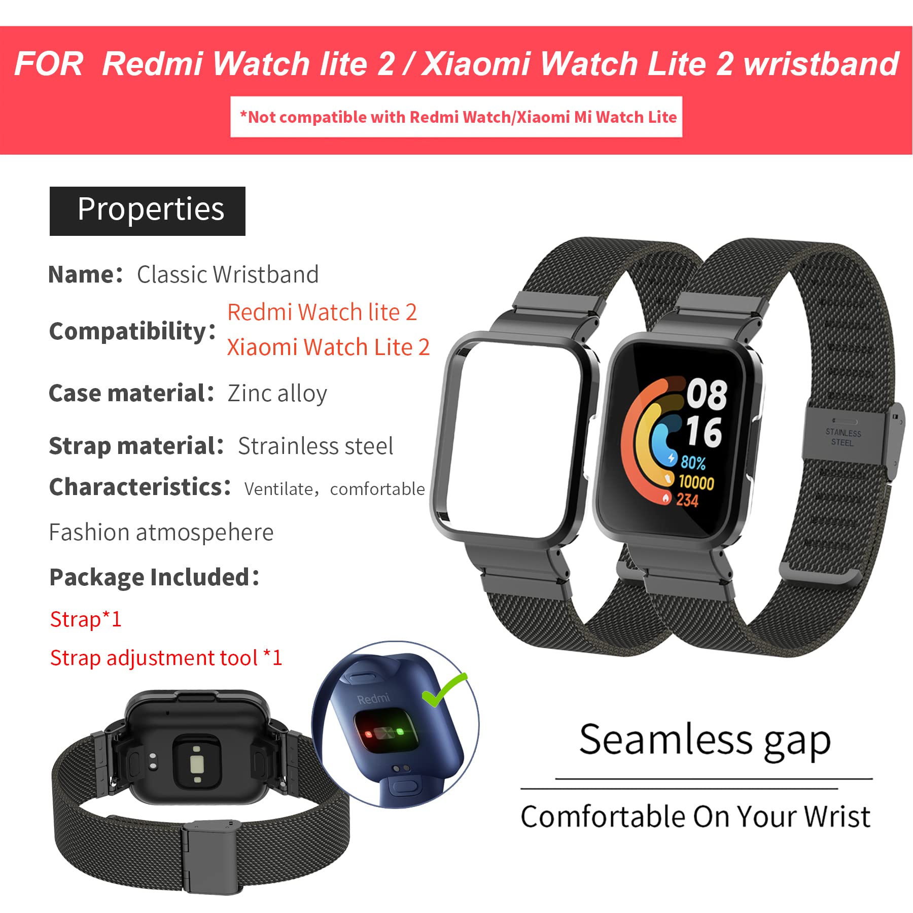Premium Metal Watch Band for Xiaomi Redmi Watch 2 Lite - Durable Stainless Steel Replacement for Sports & Work