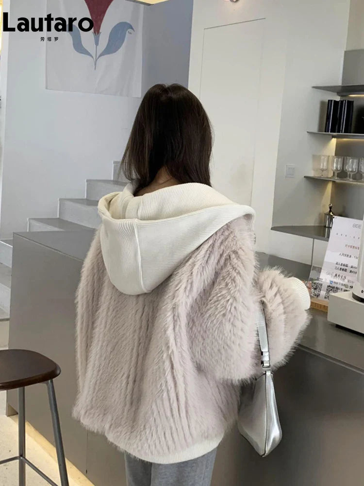 2022 Korean Fashion Women's Faux Fur Coat - Soft Warm Shaggy Hooded Long Sleeve Zip Up Jacket for Autumn Winter Casual Wear | Perfect for Outdoor Activities, Street Style & Cold Weather Fashion