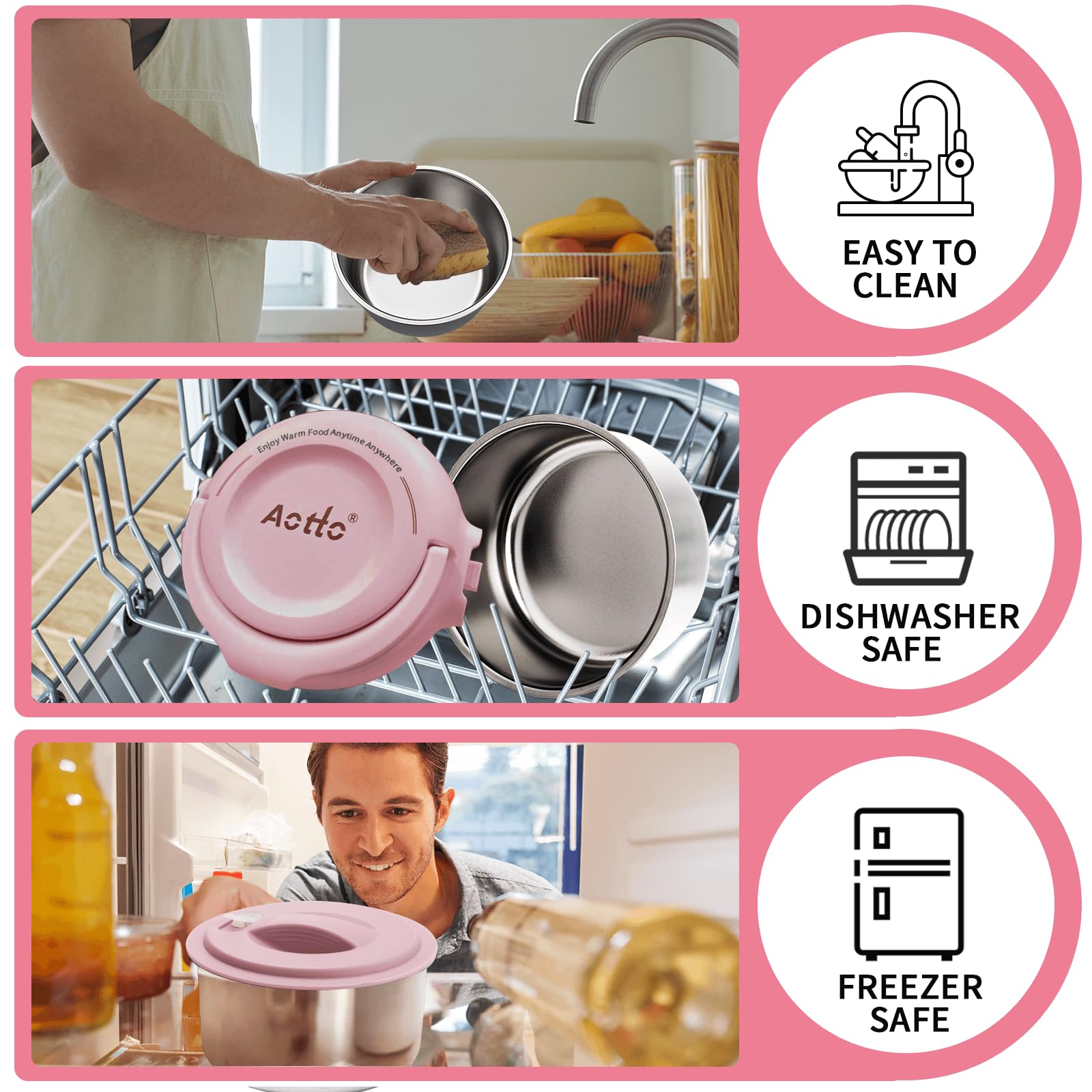 Aotto 32oz Electric Lunch Box - Portable Food Warmer for Office, Car & Travel - 12V/24V/110V 3-in-1 Heater - Leak-Proof Soup & Meal Warmer - Perfect Gift for Men & Women (Pink) - Ideal for Commuting, Road Trips & Workplace Lunch Heating