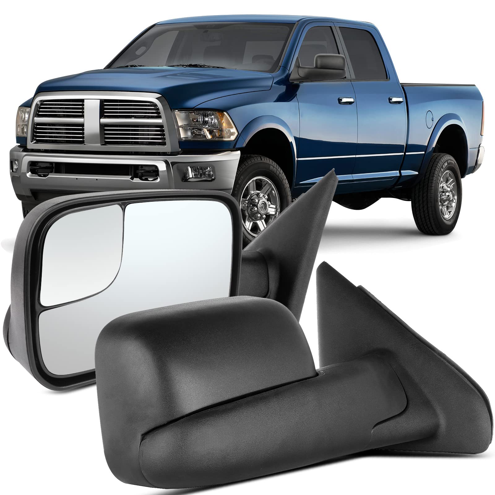 Power Heated Towing Mirrors for 2002-2008 Dodge Ram 1500 & 2003-2009 Ram 2500 Pickup Trucks - Manual Flip-Up, Black Housing - Perfect for Towing, Camping & Off-Road Adventures
