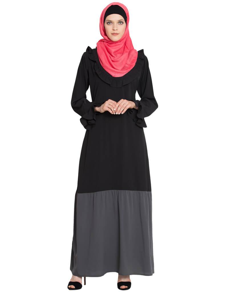 Elegant Grey Arabic Contrast Bottom Frilled Casual Abaya Dress - Perfect for Daily Wear, Prayer, and Special Occasions
