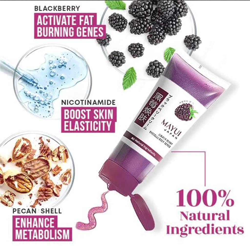 Mayui Japan Juniperberry Byecellu Body Scrub - Organic Blackberry Rejuvenating Exfoliator with Niacinamide, Deep Cleansing & Moisturizing Bath Scrub for Smooth Skin (200ml) - Perfect for Spa Day, Dry Skin Care & Post-Workout Refreshment