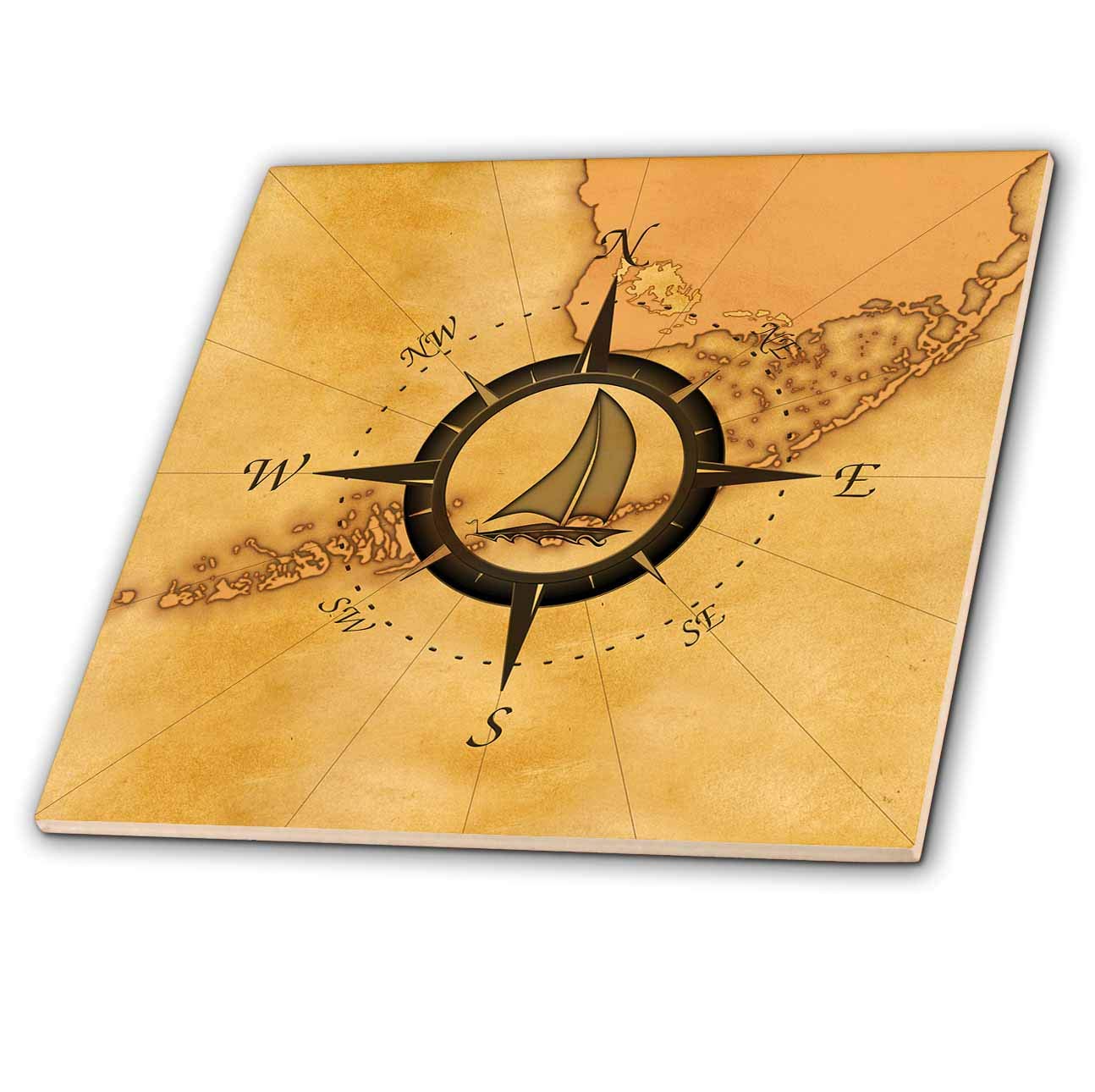 3D Rose Tile - Vintage Nautical Map with Compass Rose and Sailboat Design - Perfect for Home Decor, Bathroom, Kitchen Backsplash, and Outdoor Spaces