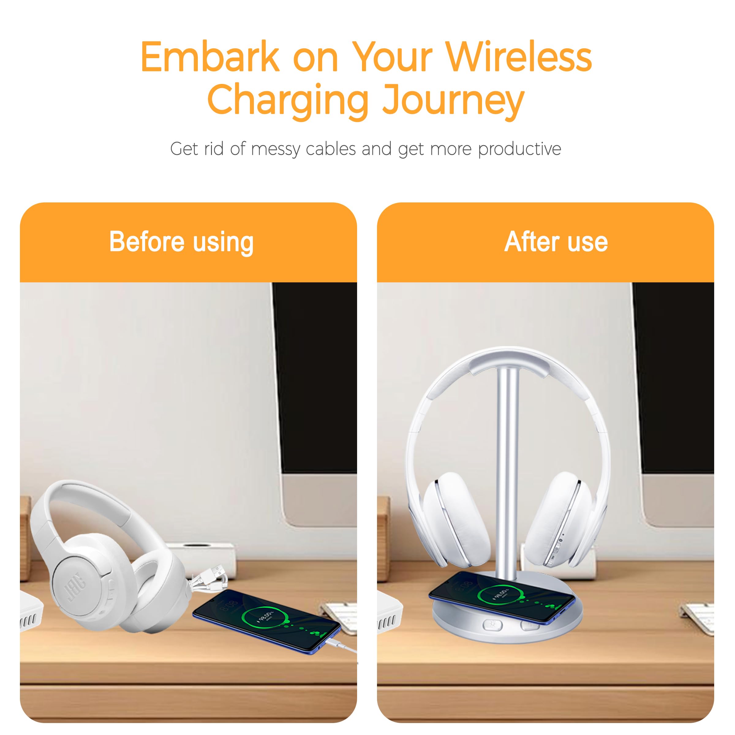 RGB Gaming Headphone Stand with 15W Wireless Charger - Stylish Headset Holder for Desk Accessories, Perfect Computer Gaming Setup & AirPods Charging Station - Ideal Gaming Gift for PC & Console Players (Works with AirPods Pro/3/2) - Great for Home Office, Streaming Setup & Gaming Battlestation