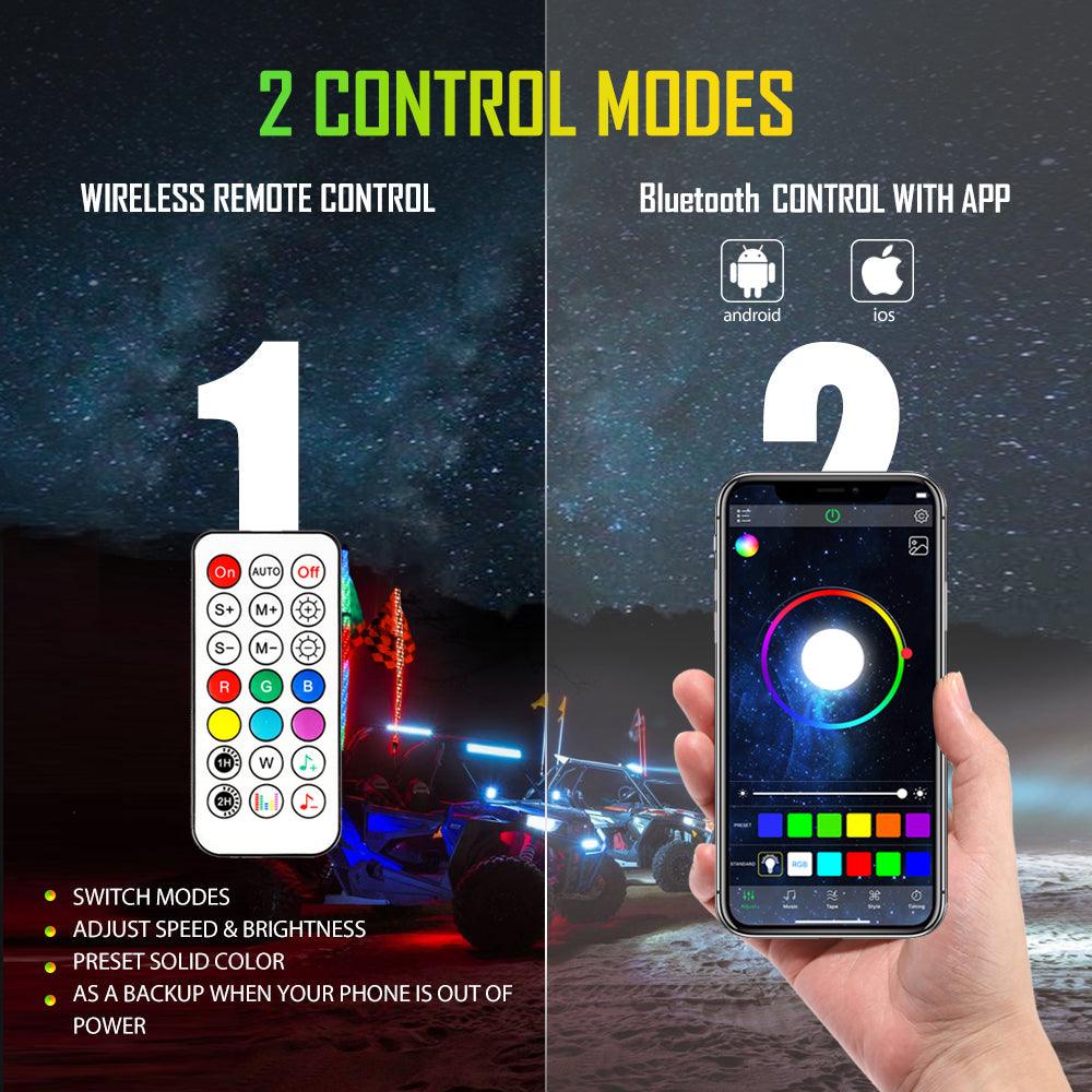 (2-Pack) 3FT/4FT LED RGB Whip Lights with Turn Signal & Brake Light - Bluetooth APP & Remote Control for ATV, UTV, Jeep, Off-Road Vehicles - Perfect for Night Rides, Camping & Outdoor Adventures