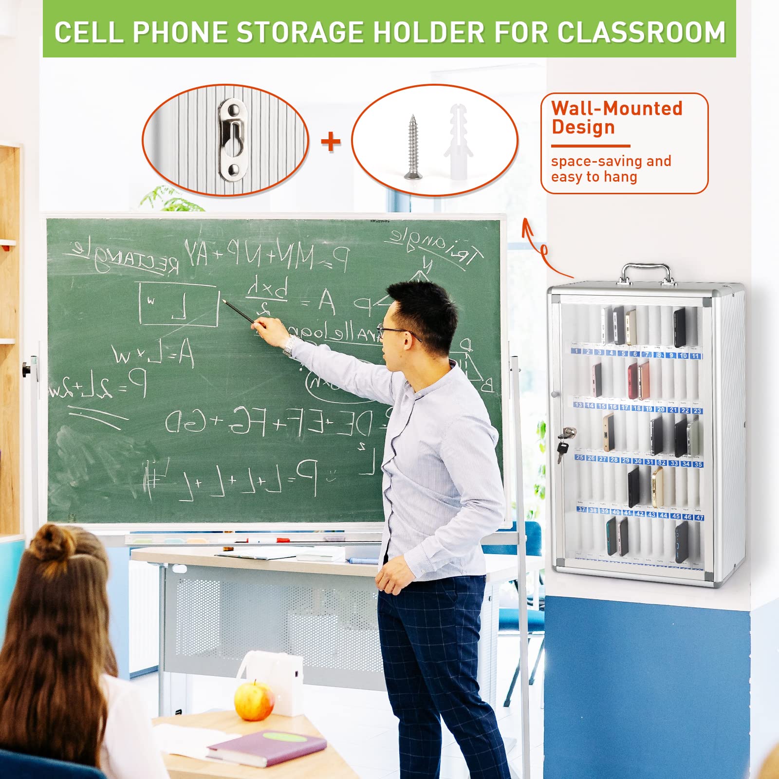 Loghot Aluminum Alloy Wall-Mounted Phone Storage Cabinet with Lock - 60 Slots Portable Organizer for Retail Stores, Salons & Offices | Secure Smartphone Display & Charging Station