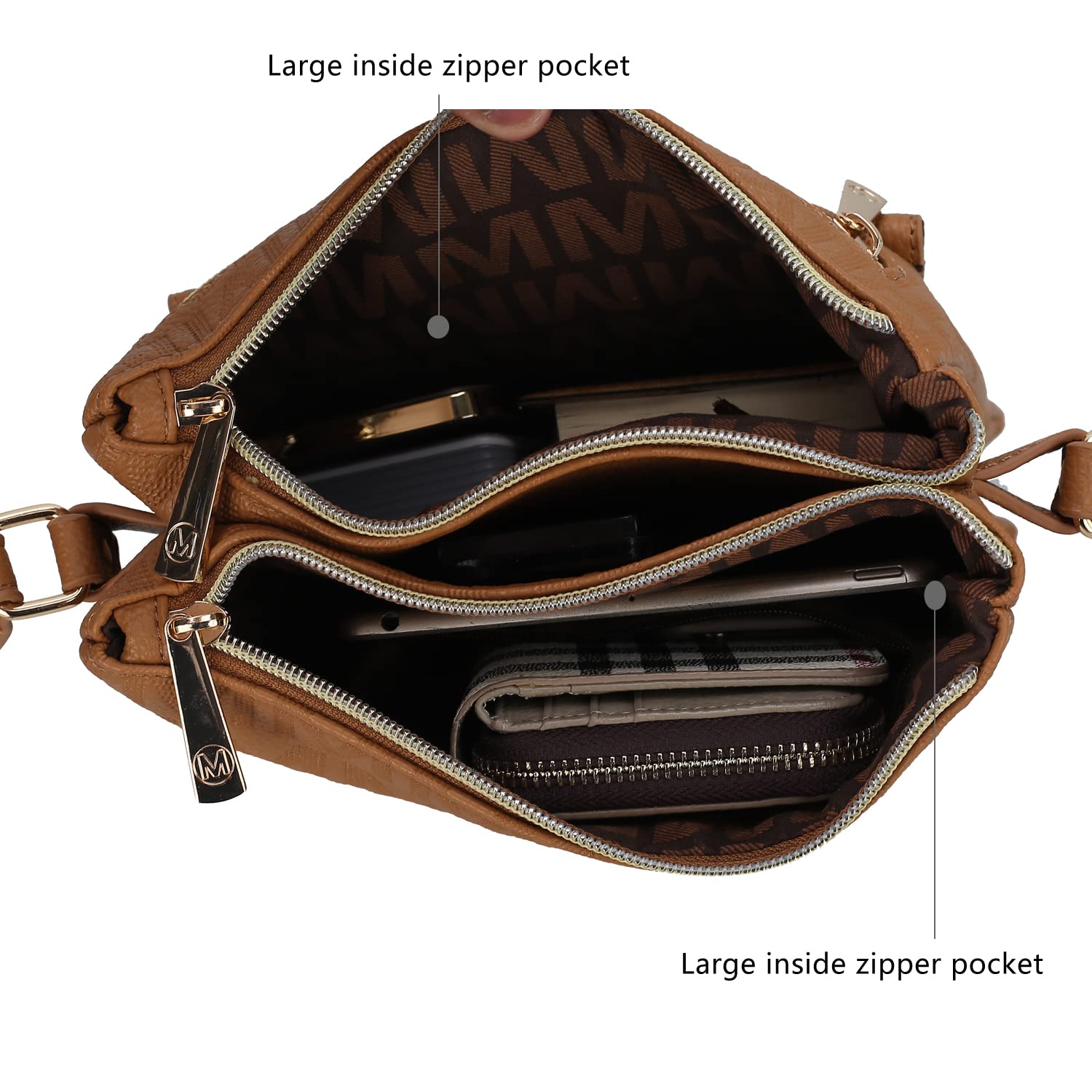 MKF Women's Crossbody Bag - PU Leather Messenger Purse with Triple Compartment & Adjustable Shoulder Strap - Perfect for Work, Travel and Everyday Use