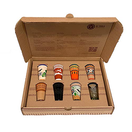 Handcrafted Set of 7 Tequila Shot Glasses - Clay & Glass Mexican Style Barware for Parties, Weddings & Home Decor
