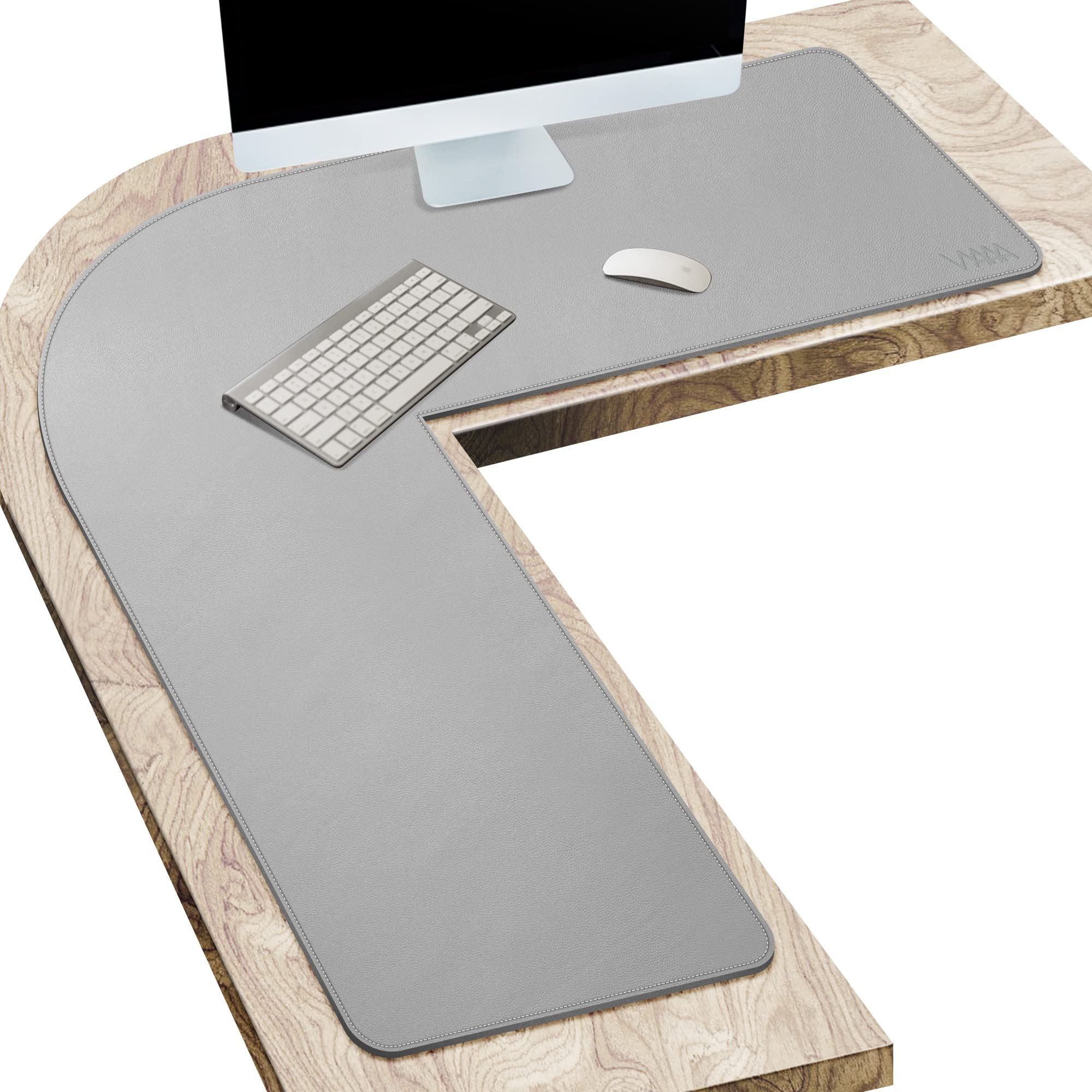 Premium L-Shaped Leather Desk Pad - Large 43x43x15.7 Inch Corner Desk Mat for Gaming & Office Work - Non-Slip Mouse Pad for Computer, Laptop & Home Office - Light Gray Workspace Organizer for Ergonomic Comfort