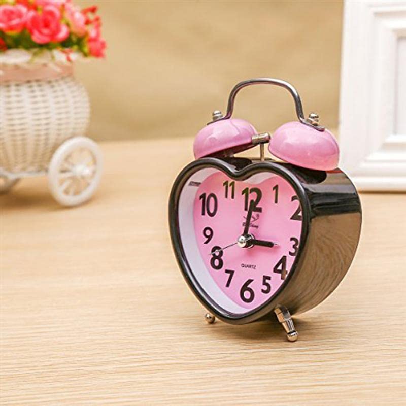 Heart-Shaped Double Bell Alarm Clock with Nightlight - Silent No Ticking, Twin Bell Design for Kids & Girls Bedrooms (Pink) - Perfect for Bedside, Nursery, Dorm Room & Gift Giving