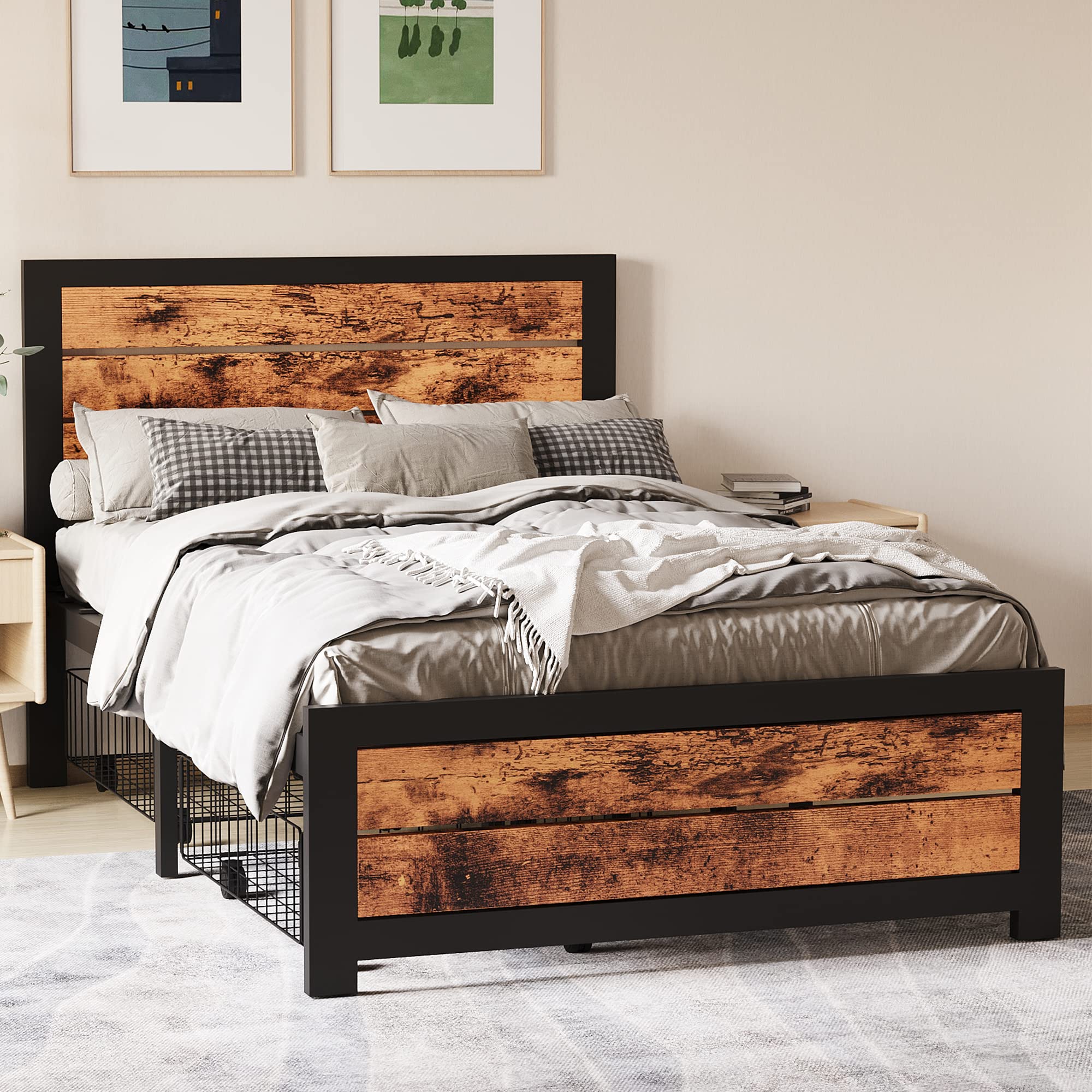 DHMAKER Twin Bed Frame with Storage & Headboard - Sturdy Metal Platform Bed with Steel Slats & 2 Underbed Carts - No Box Spring Needed - Perfect for Kids, Teens & Adults Bedrooms, Dorms & Guest Rooms